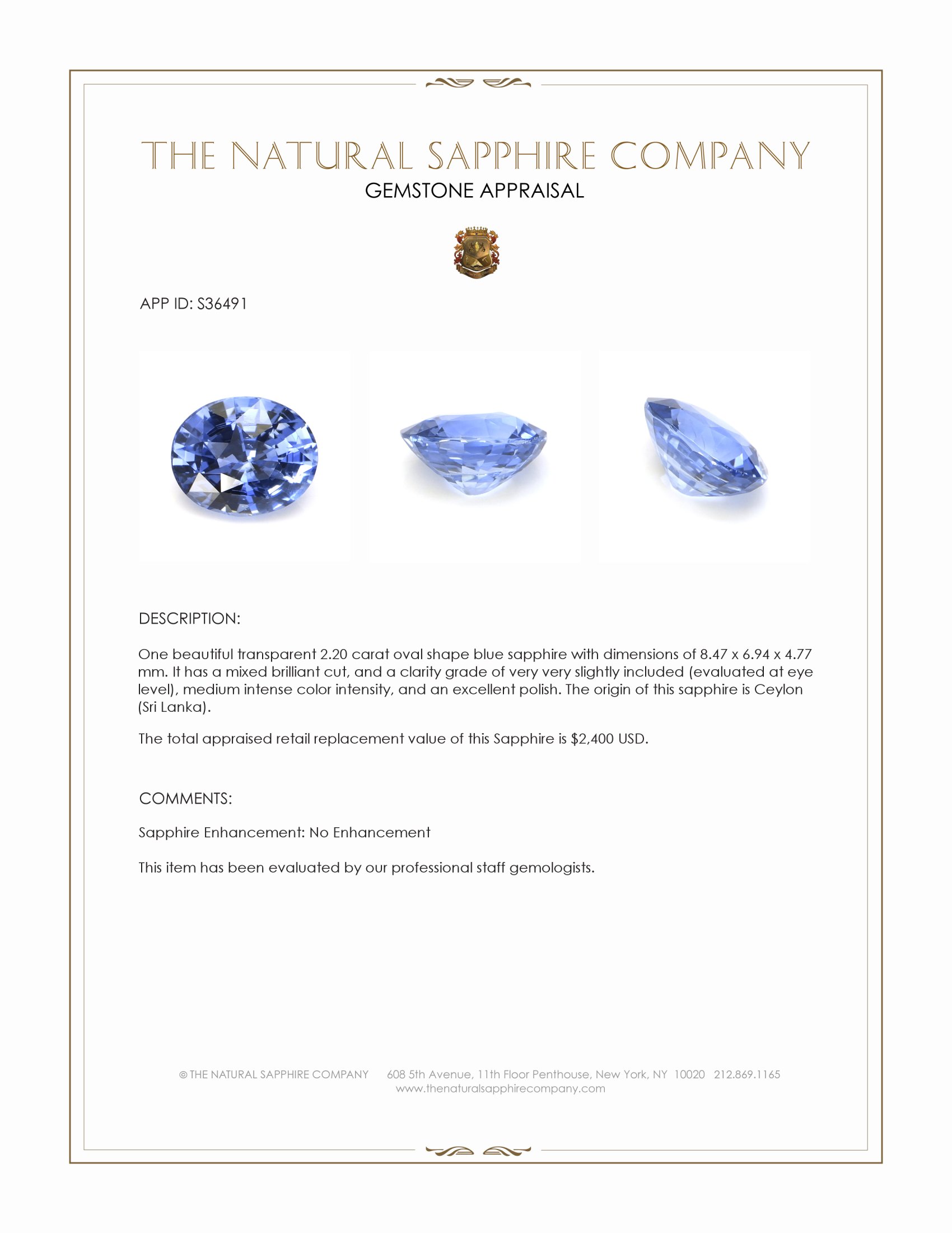 2.20 Ct. Blue Sapphire from Ceylon (Sri Lanka)