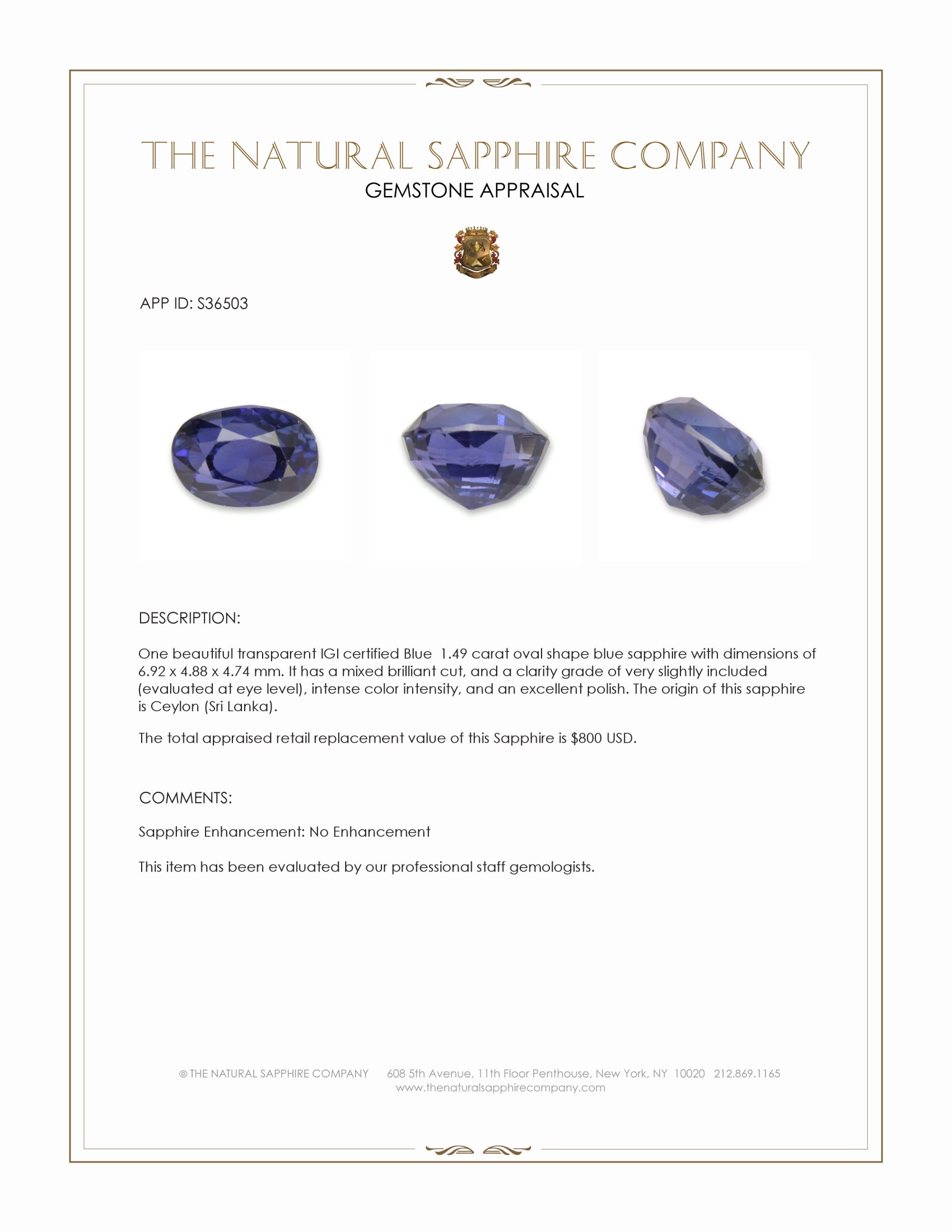 1.49 Ct. Blue Sapphire from Ceylon (Sri Lanka)
