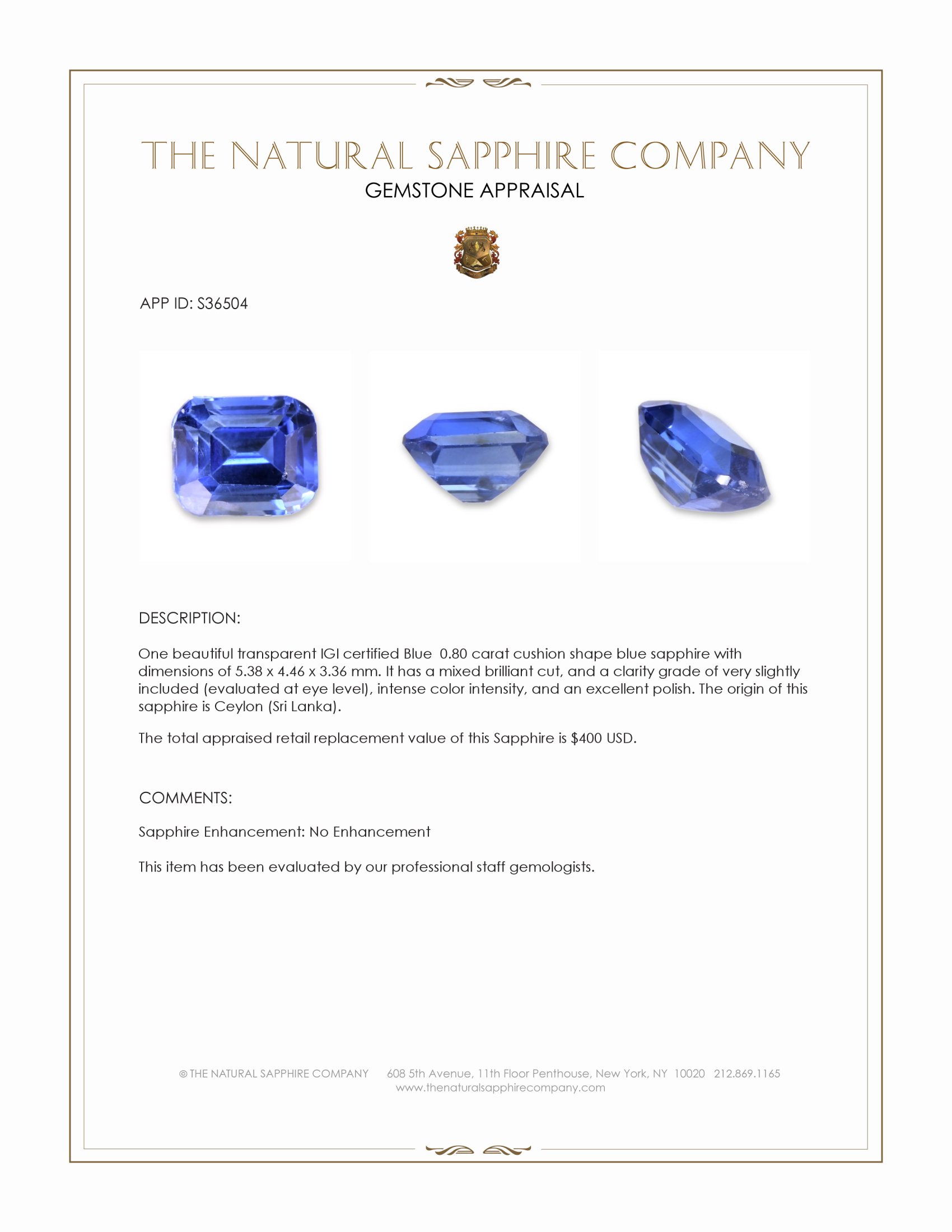 0.80 Ct. Blue Sapphire from Ceylon (Sri Lanka)
