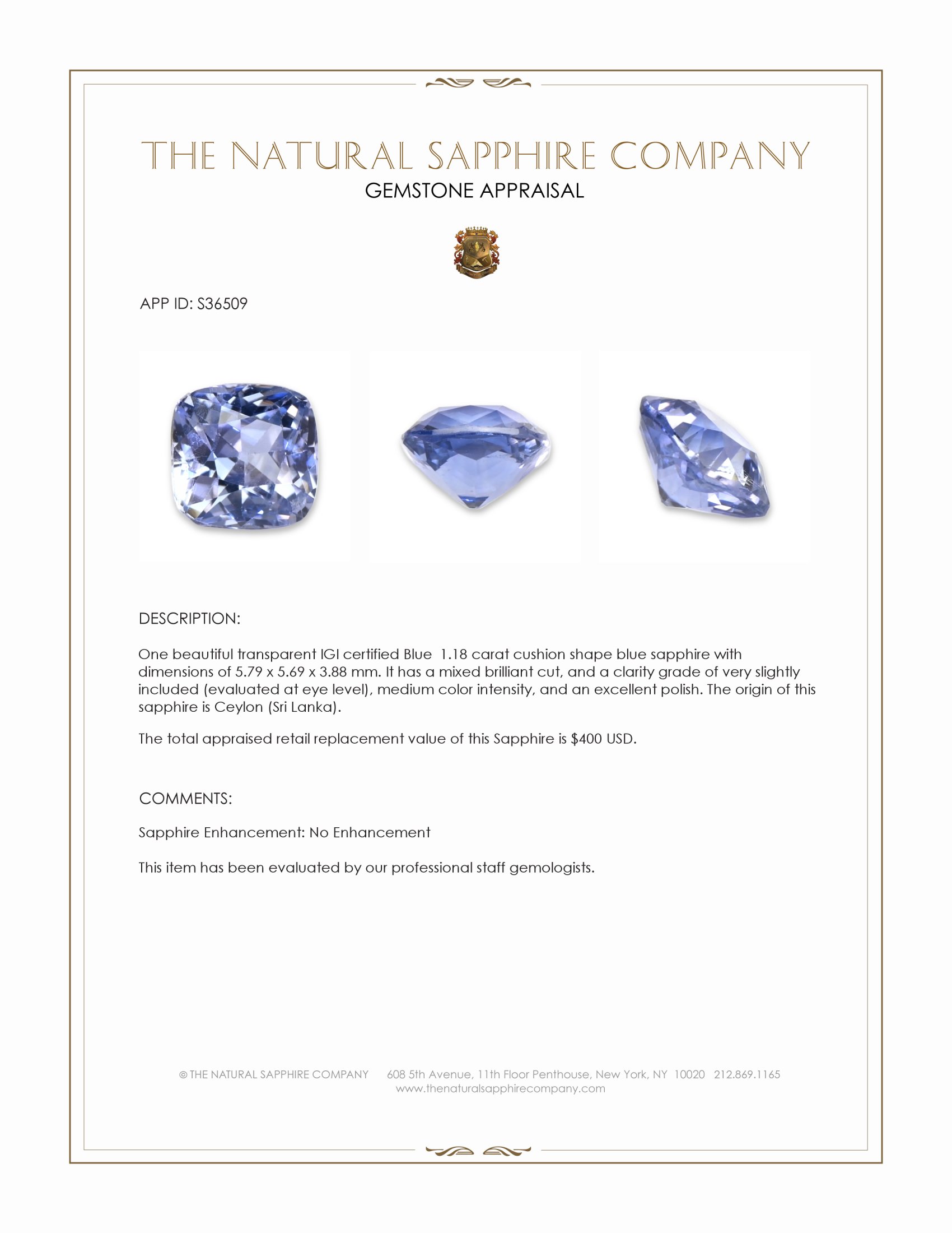 1.18 Ct. Blue Sapphire from Ceylon (Sri Lanka)