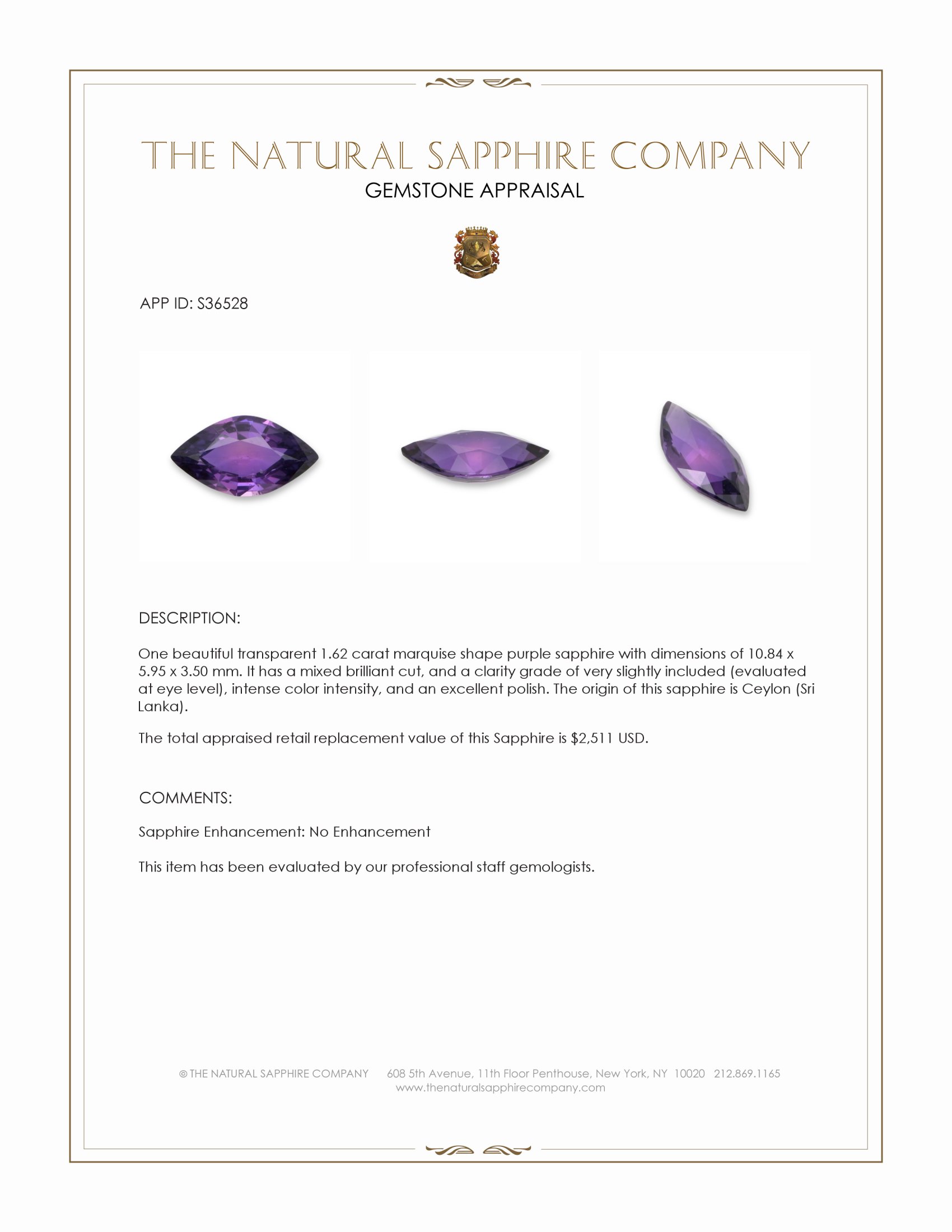 1.62 Ct. Purple Sapphire from Ceylon (Sri Lanka)