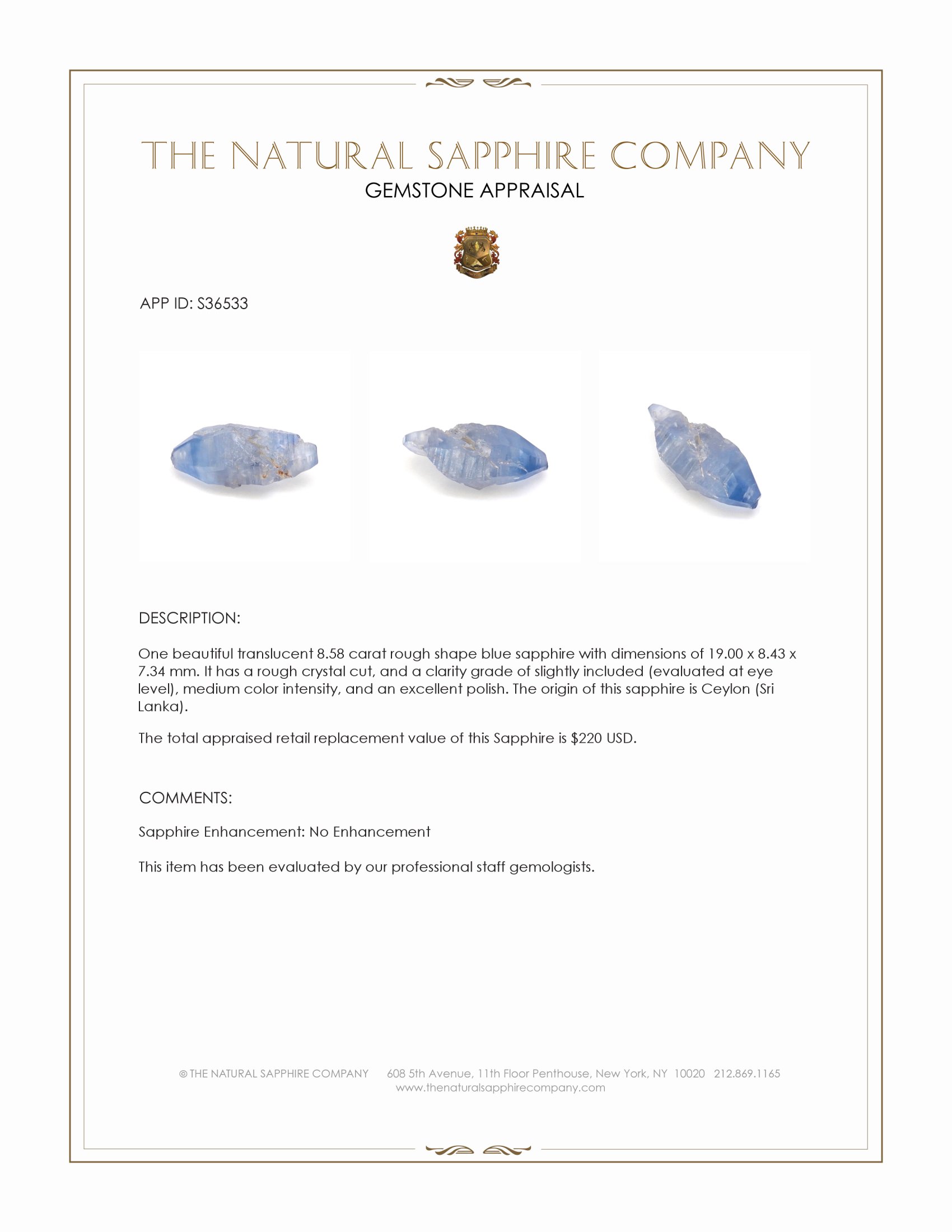 8.58 Ct. Blue Rough Sapphire Crystal from Ceylon (Sri Lanka)