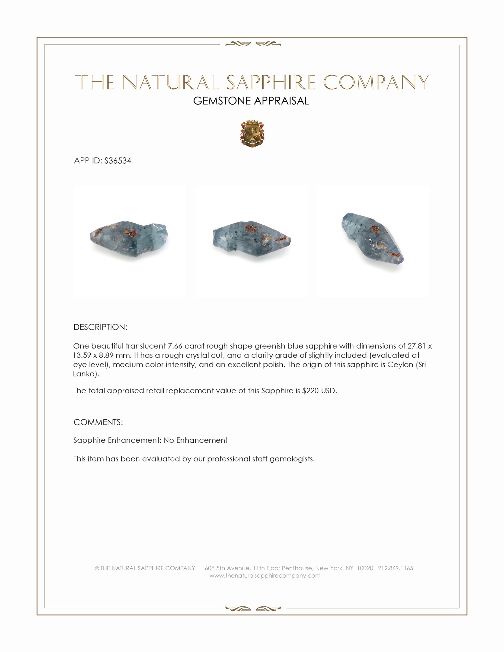 7.66 Ct. Greenish Blue Rough Sapphire Crystal from Ceylon (Sri Lanka)