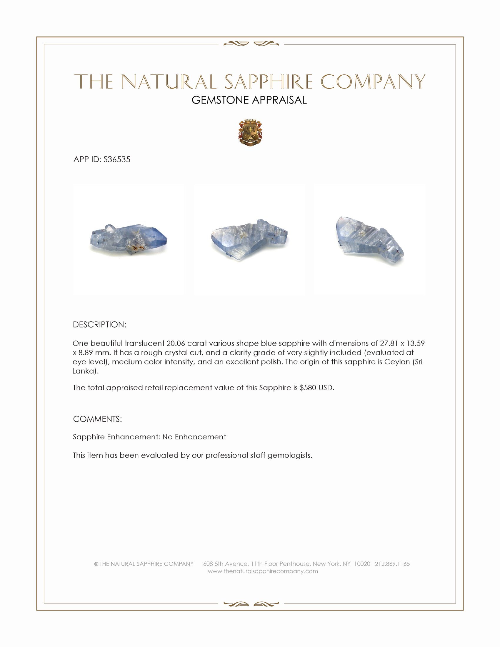 20.06 Ct. Blue Sapphire Crystal from Ceylon (Sri Lanka)