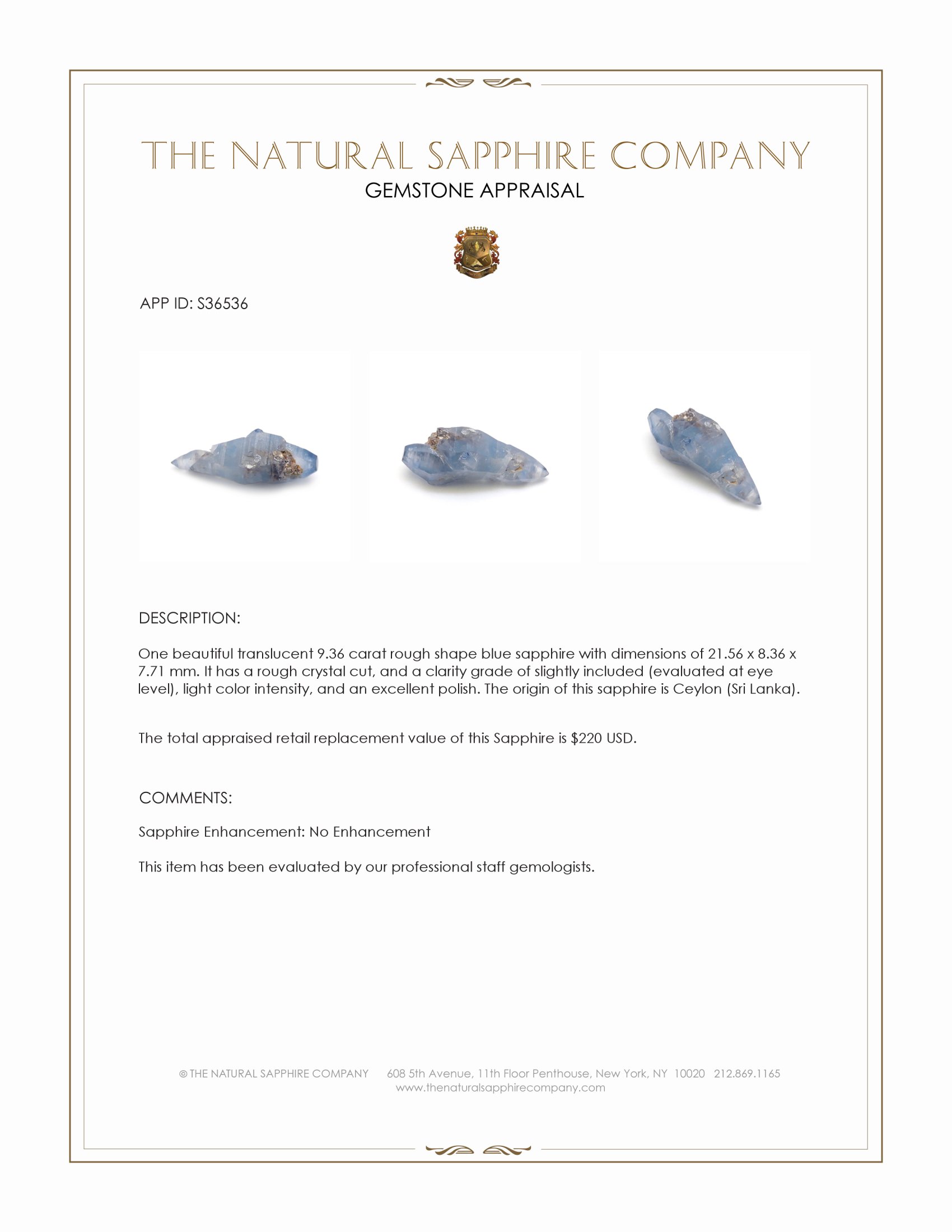 9.36 Ct. Blue Rough Sapphire Crystal from Ceylon (Sri Lanka)