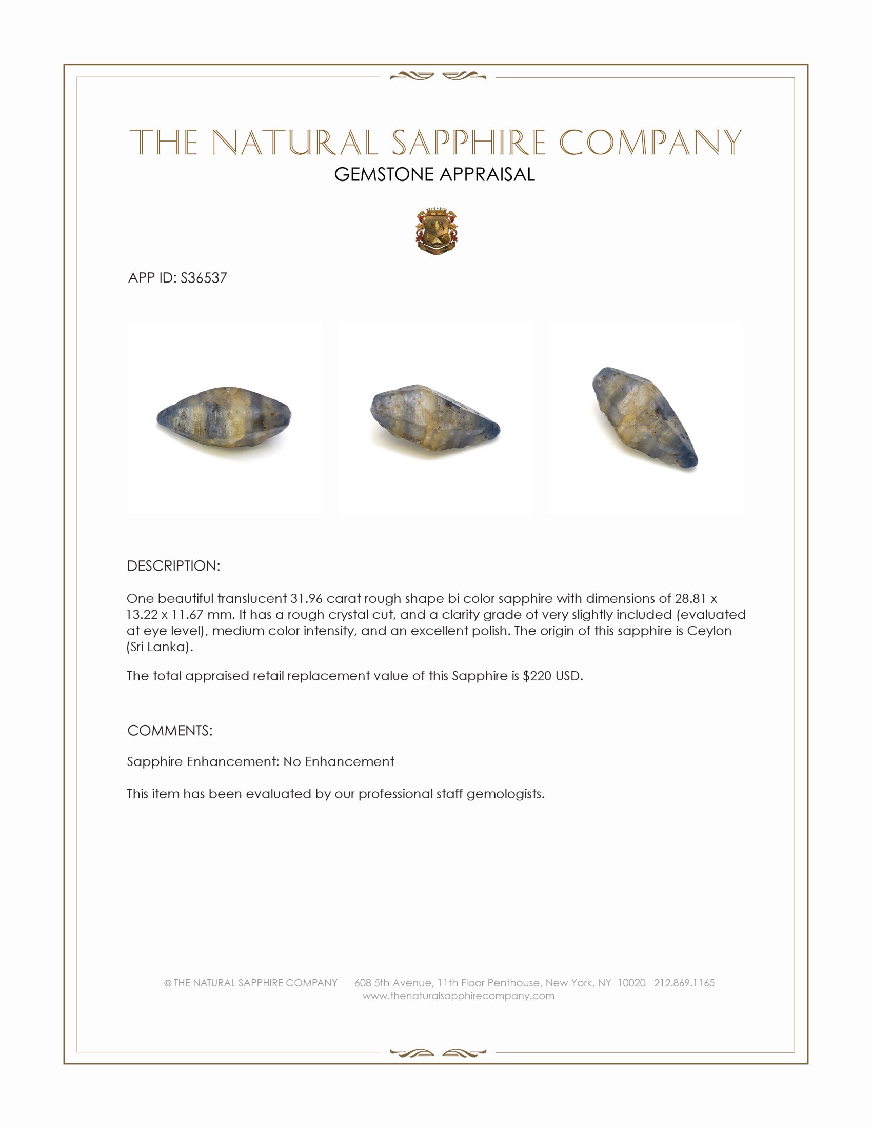 31.96 Ct. Bi Color Rough Sapphire Crystal from Ceylon (Sri Lanka)