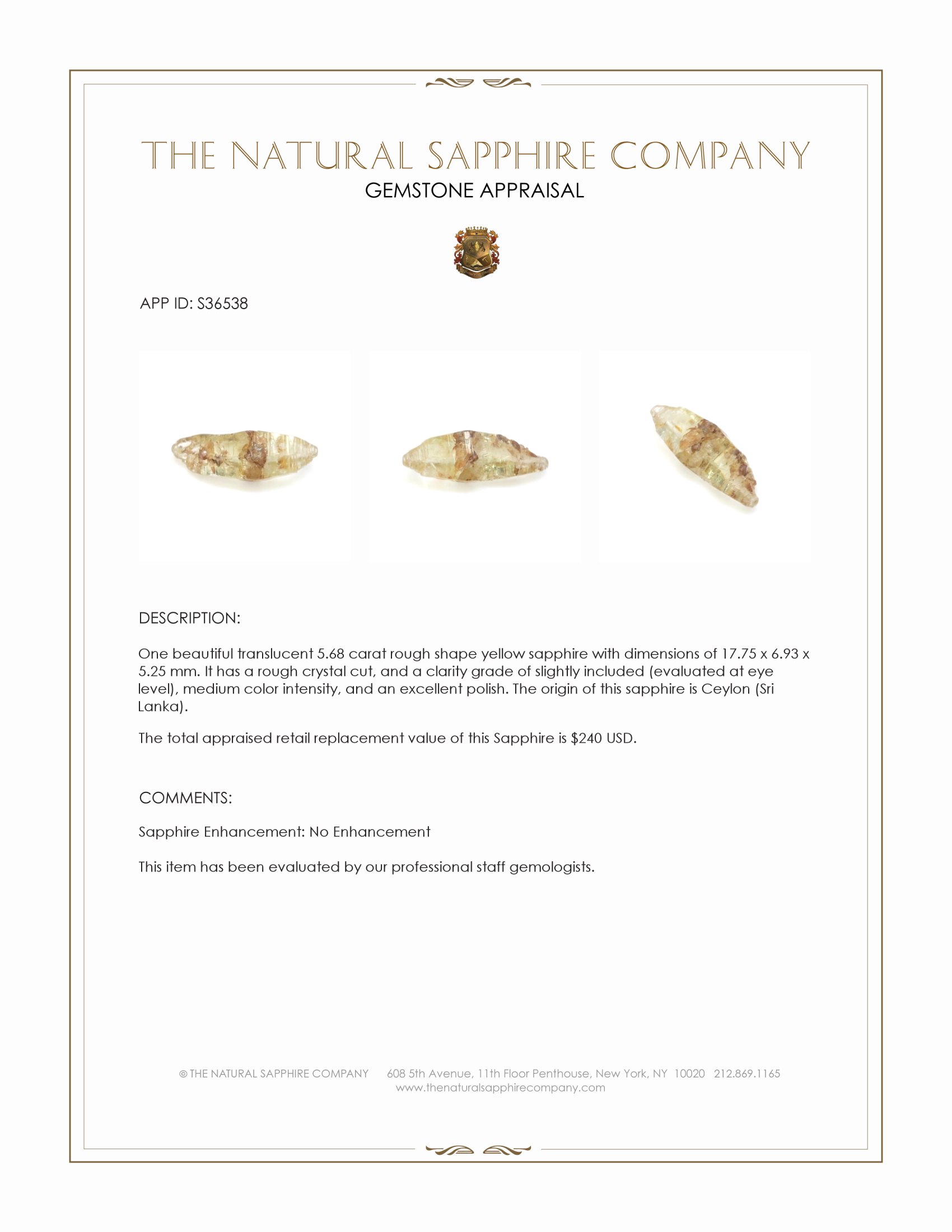 5.68 Ct. Yellow Rough Sapphire Crystal from Ceylon (Sri Lanka)