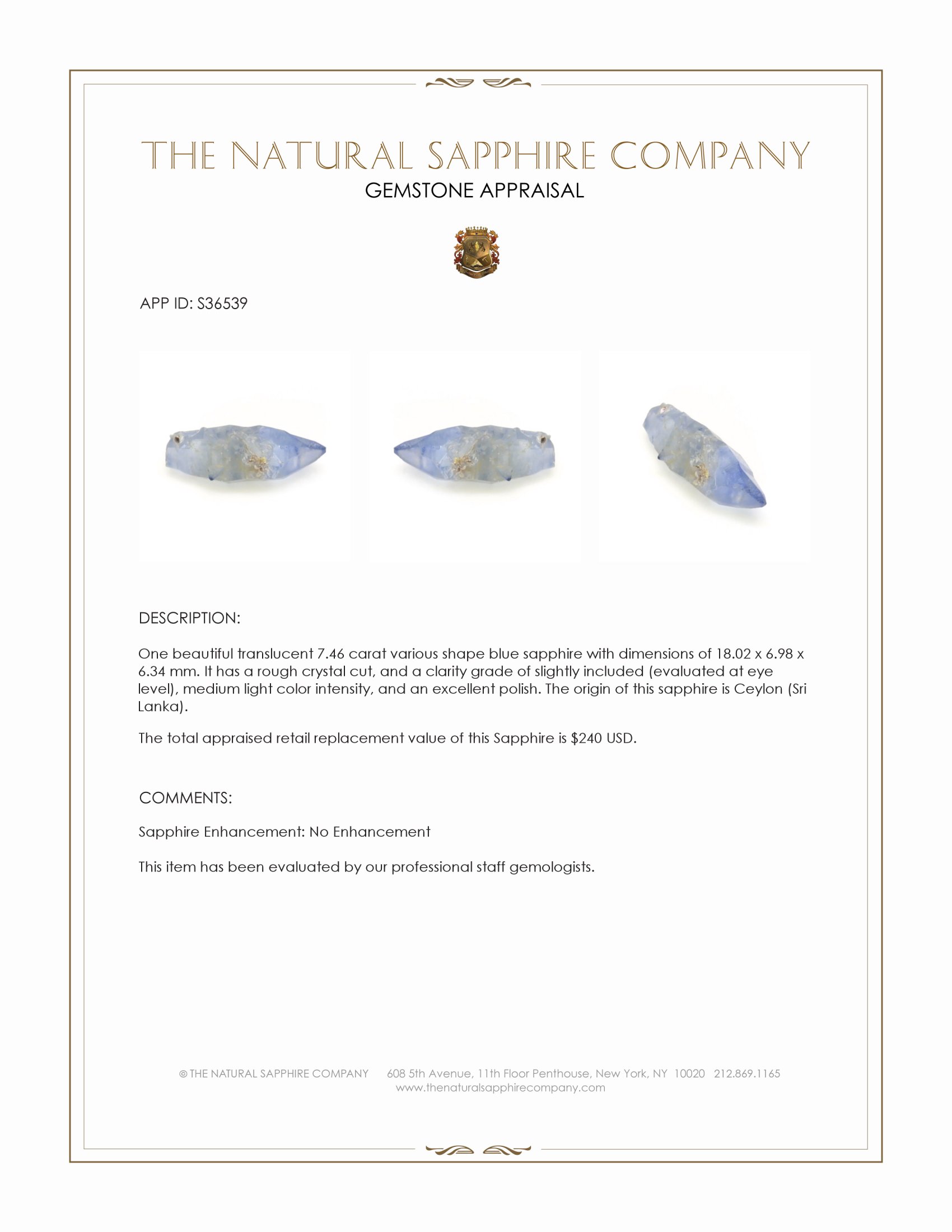 7.46 Ct. Blue Sapphire Crystal from Ceylon (Sri Lanka)