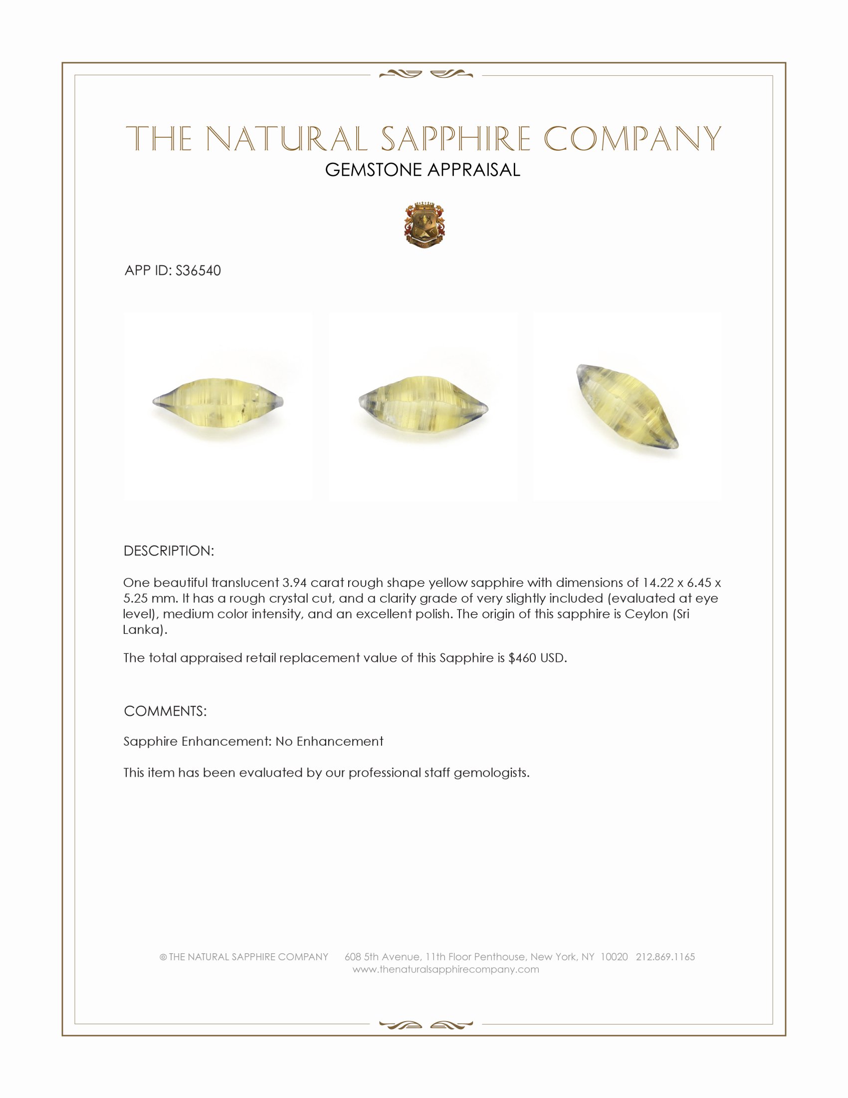 3.94 Ct. Yellow Rough Sapphire Crystal from Ceylon (Sri Lanka)