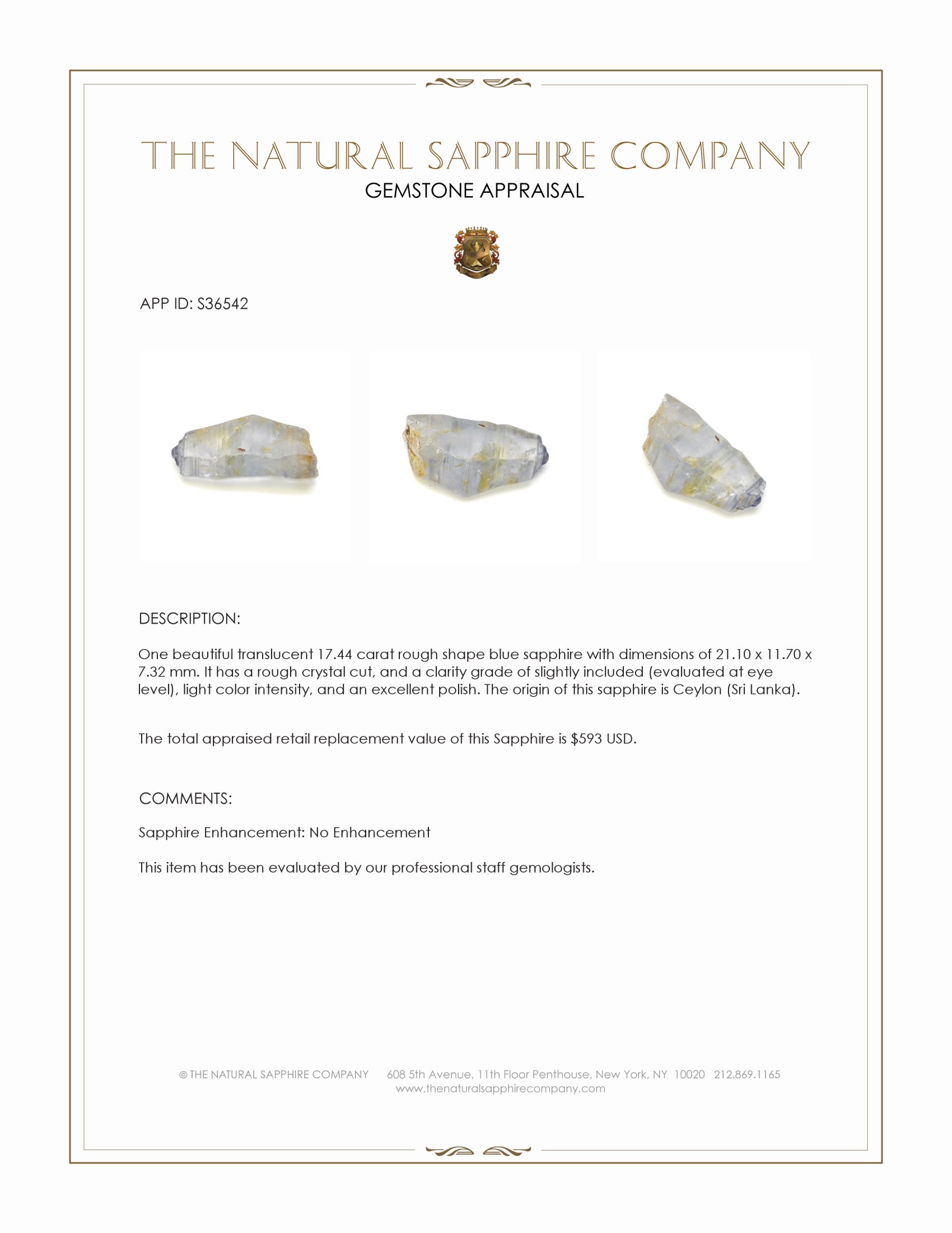 17.44 Ct. Blue Rough Sapphire Crystal from Ceylon (Sri Lanka)