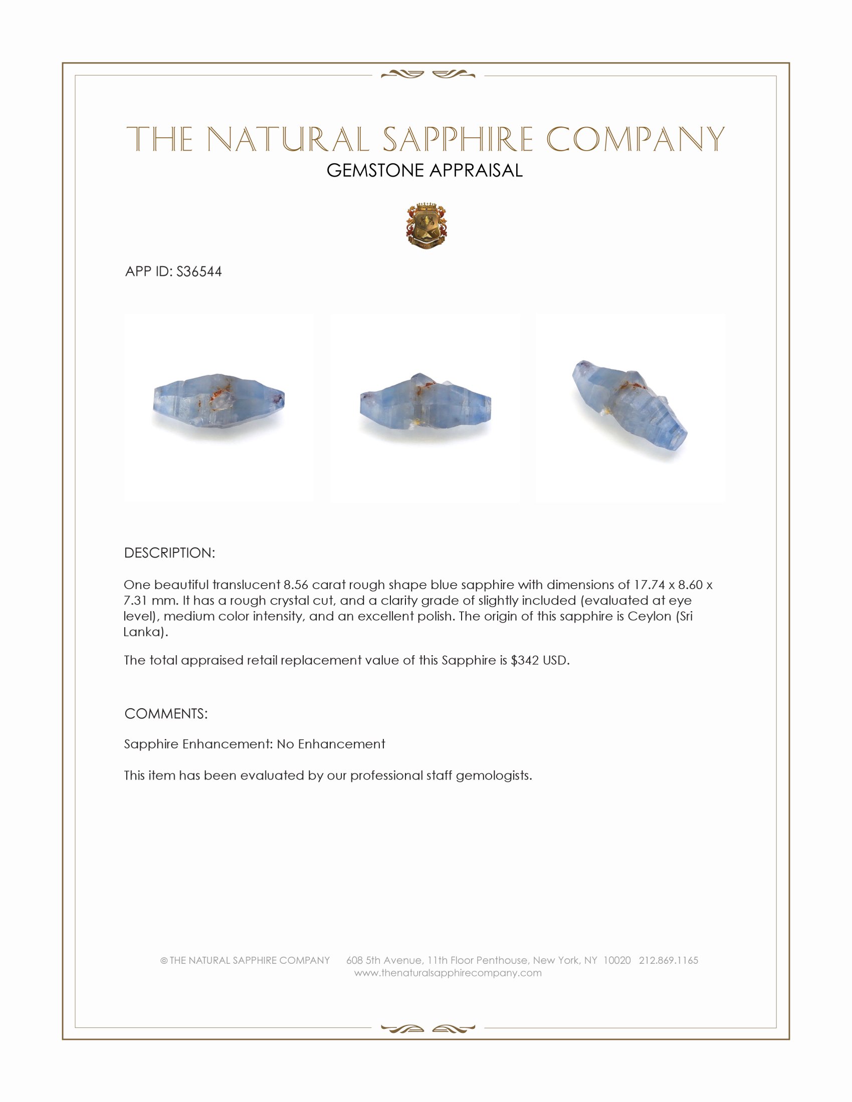 8.56 Ct. Blue Rough Sapphire Crystal from Ceylon (Sri Lanka)