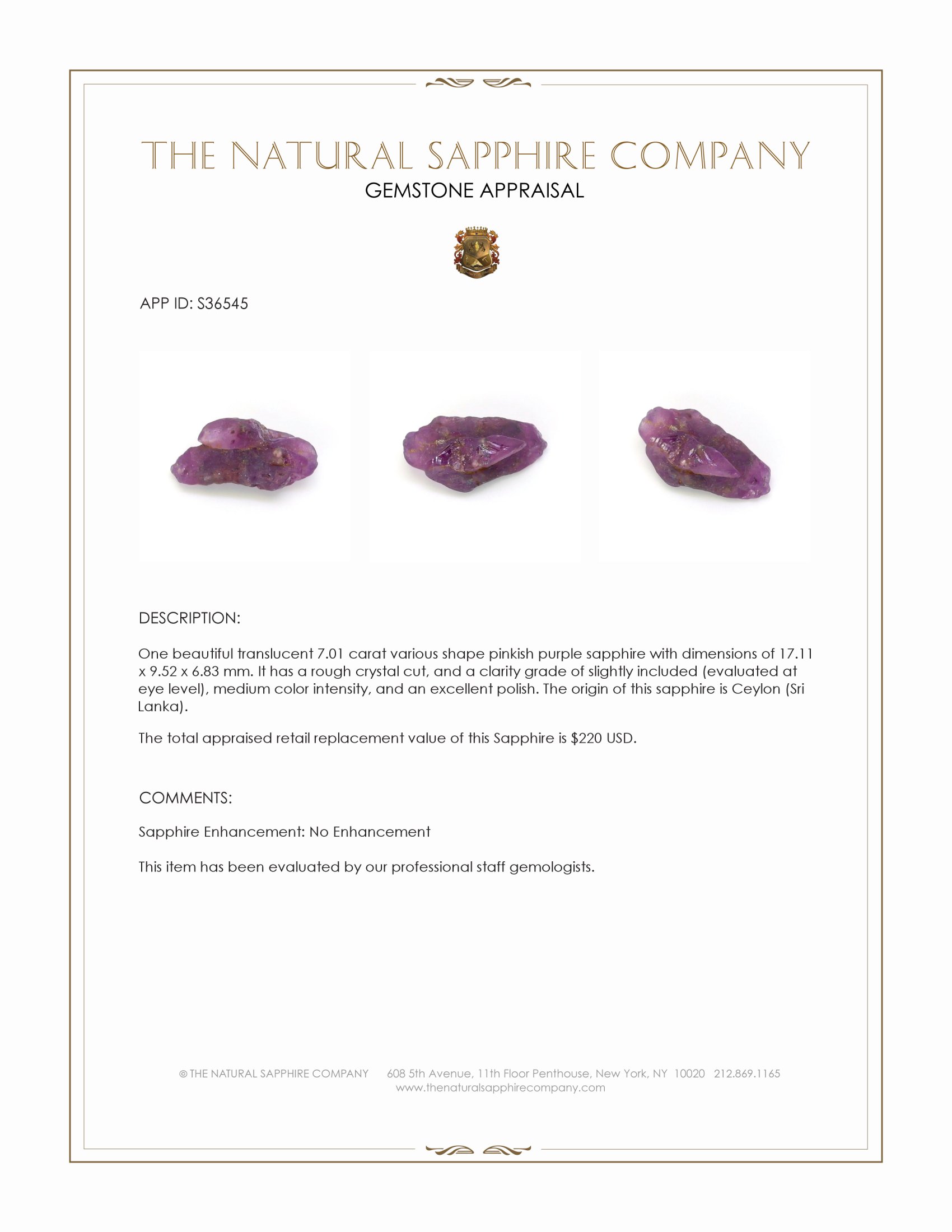7.01 Ct. Pinkish Purple Rough Sapphire Crystal from Ceylon (Sri Lanka)