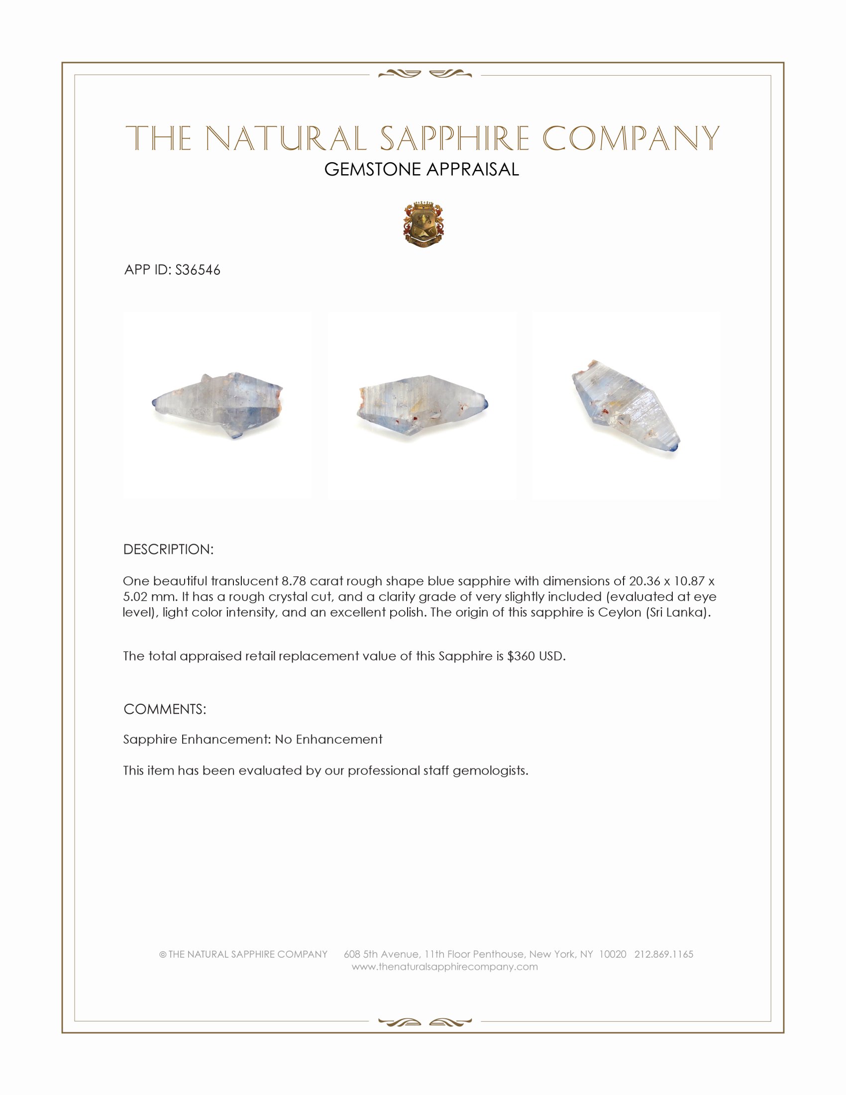 8.78 Ct. Blue Rough Sapphire Crystal from Ceylon (Sri Lanka)