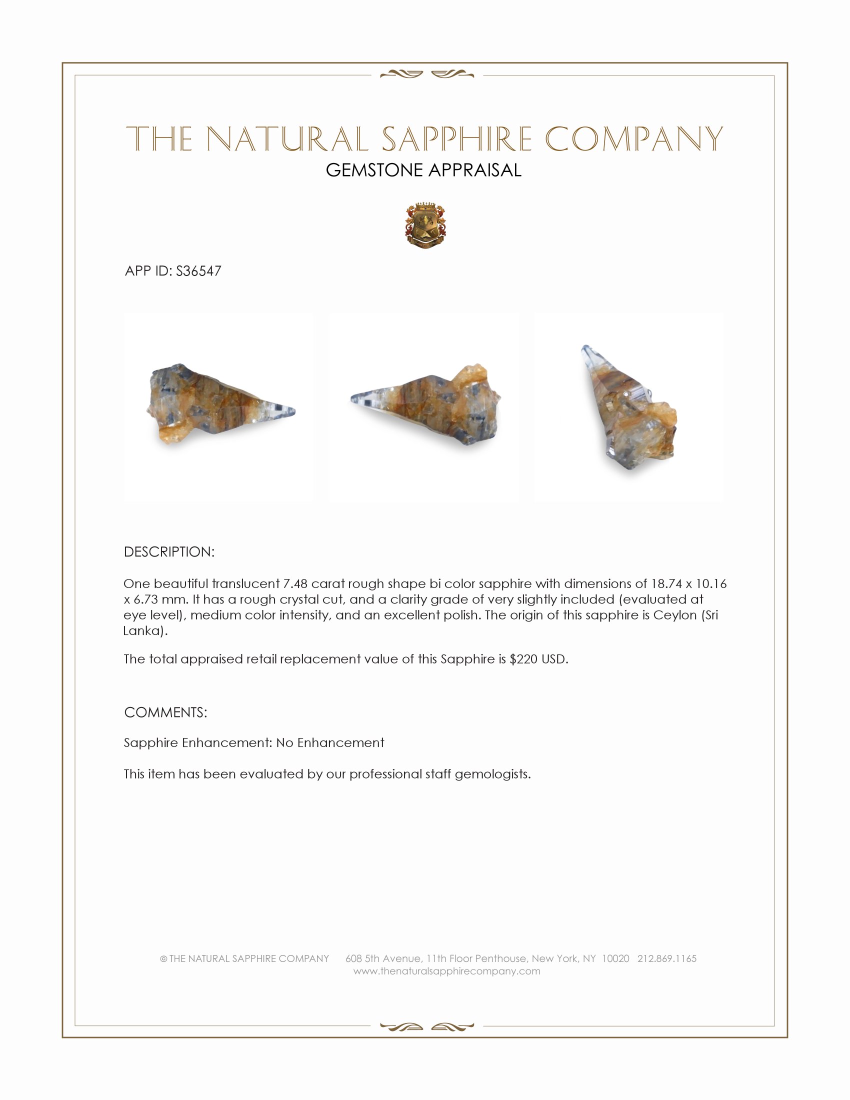 7.48 Ct. Bi Color Rough Sapphire Crystal from Ceylon (Sri Lanka)