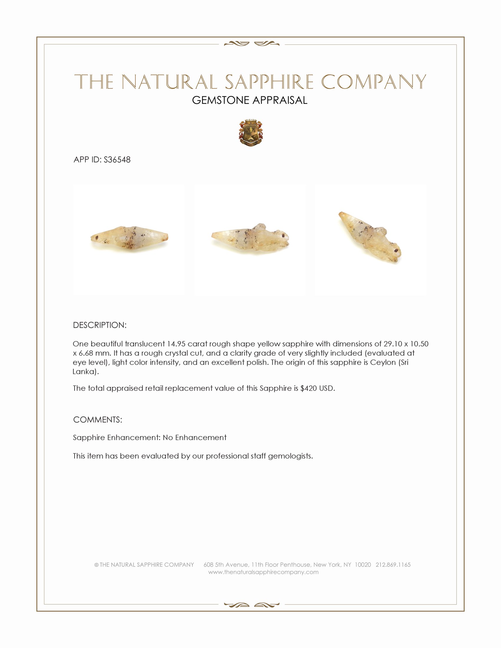 14.95 Ct. Yellow Rough Sapphire Crystal from Ceylon (Sri Lanka)