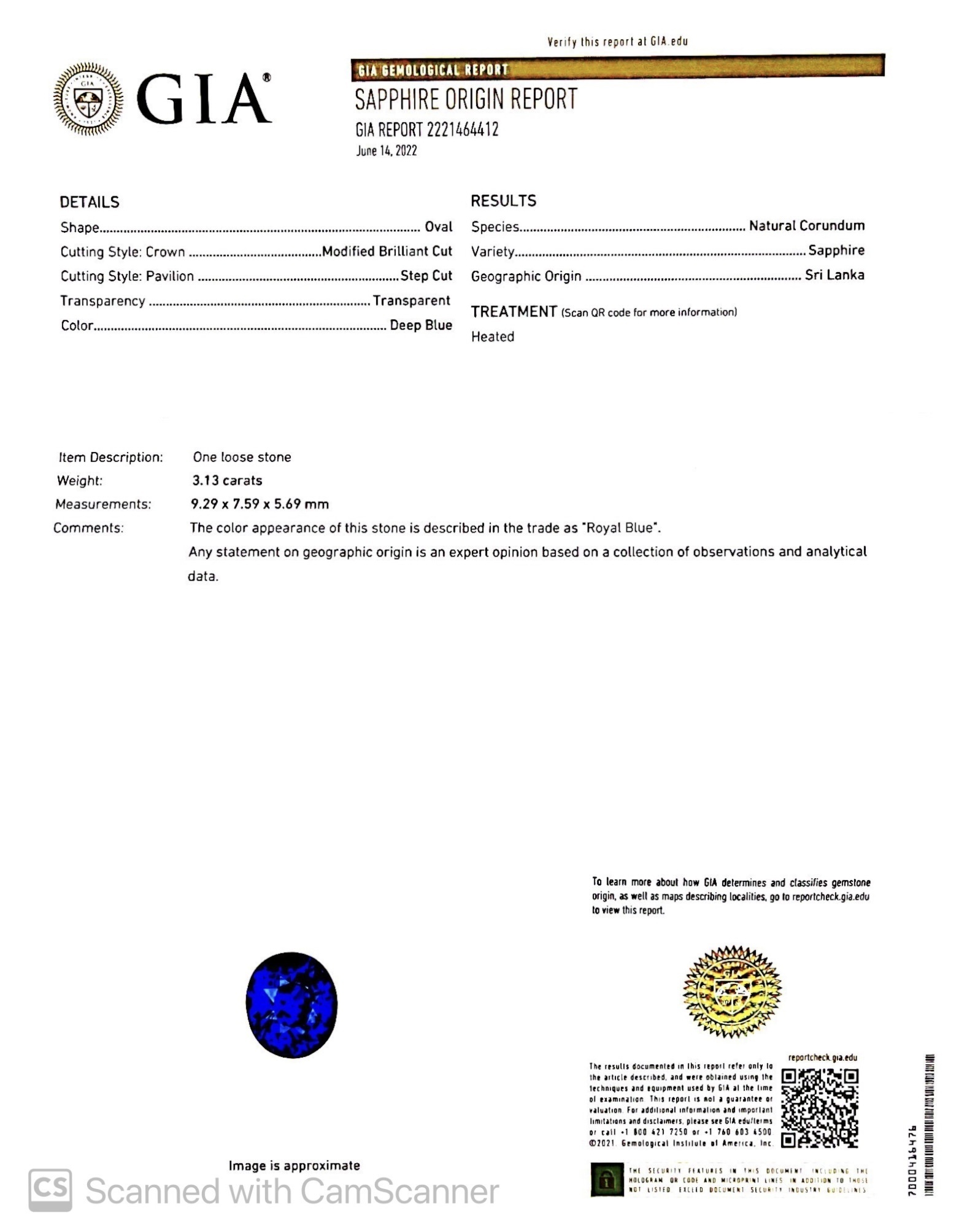 3.13 Ct. Blue Sapphire from Ceylon (Sri Lanka)