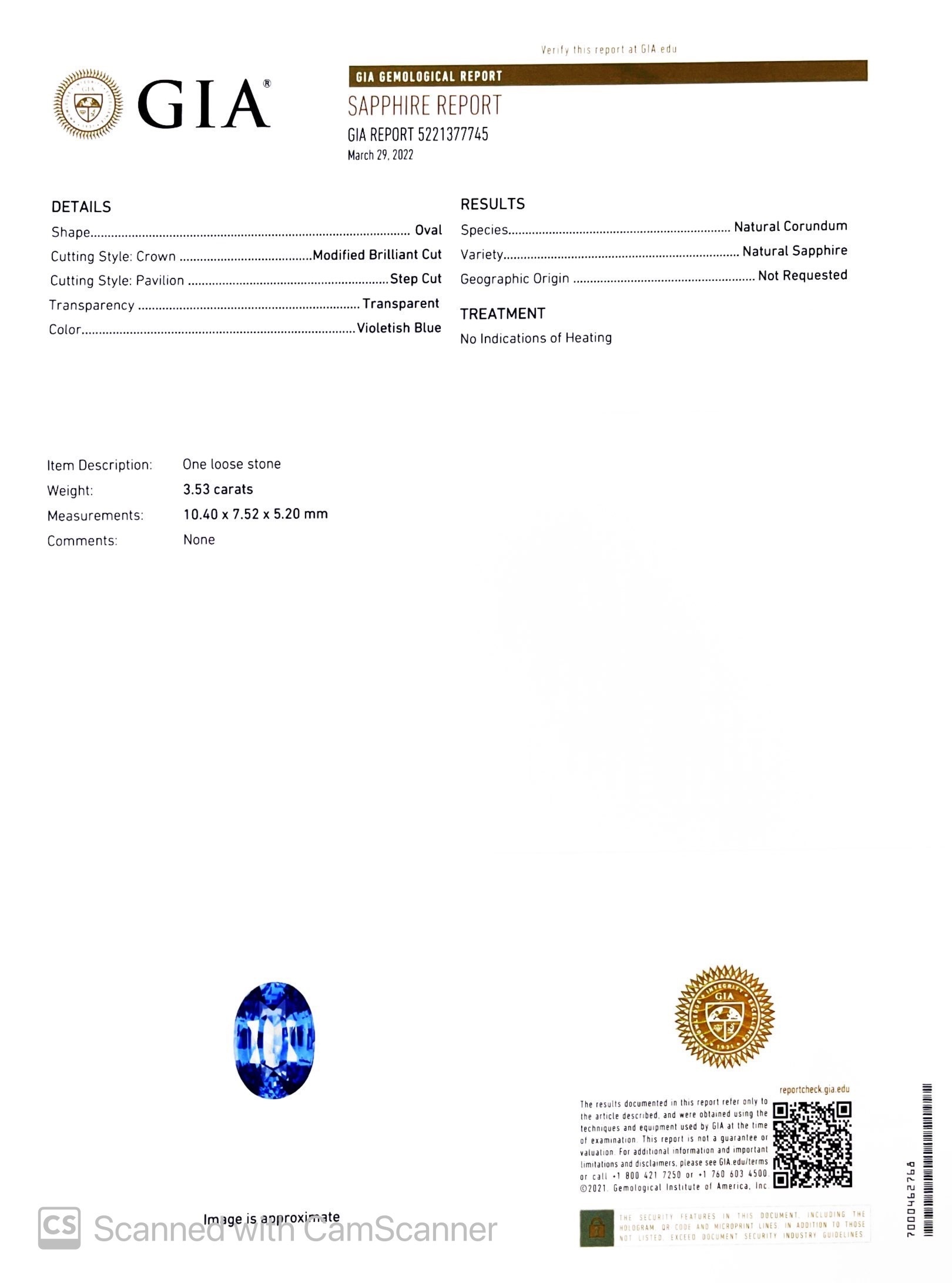 3.53 Ct. Blue Sapphire from Ceylon (Sri Lanka)