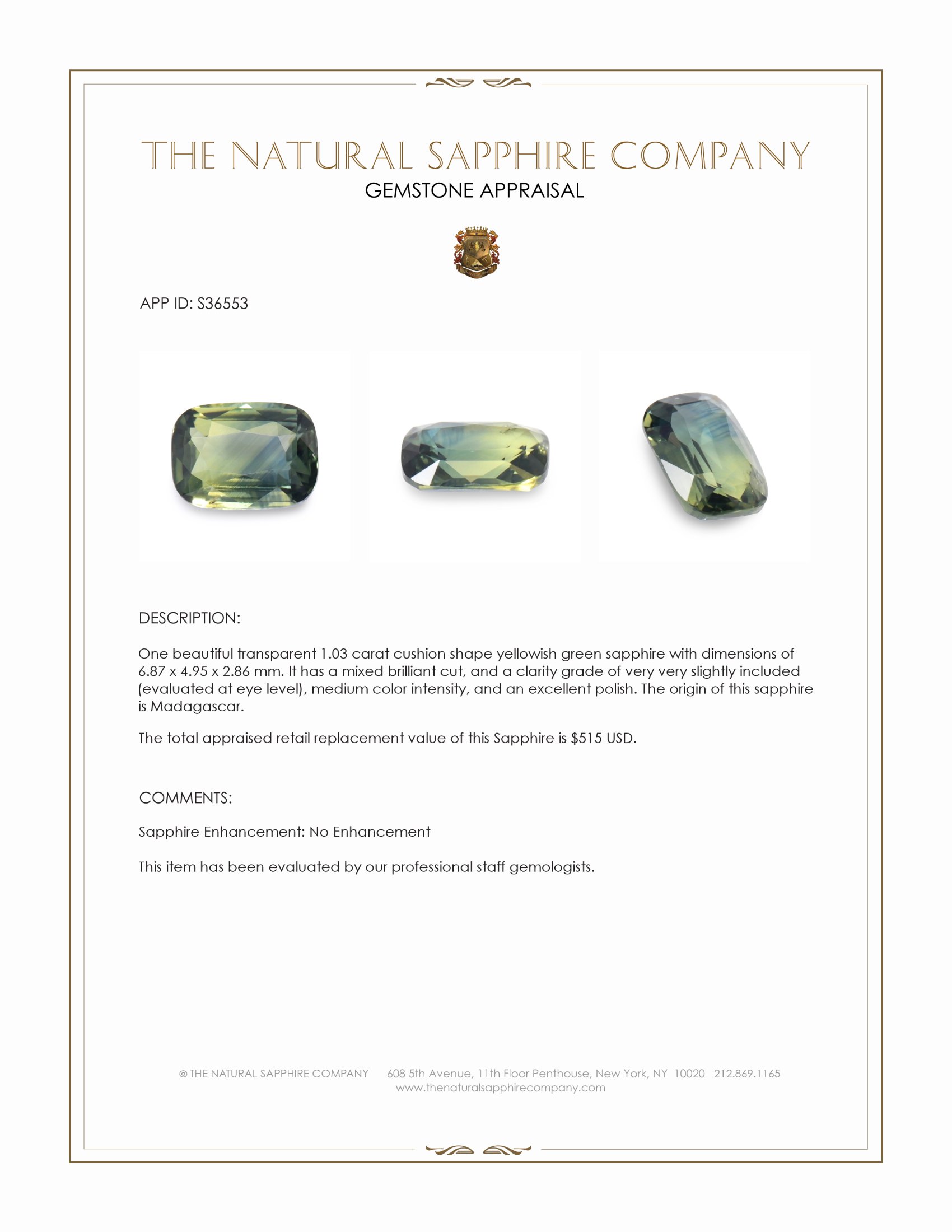 1.03 Ct. Yellowish Green Sapphire from Madagascar