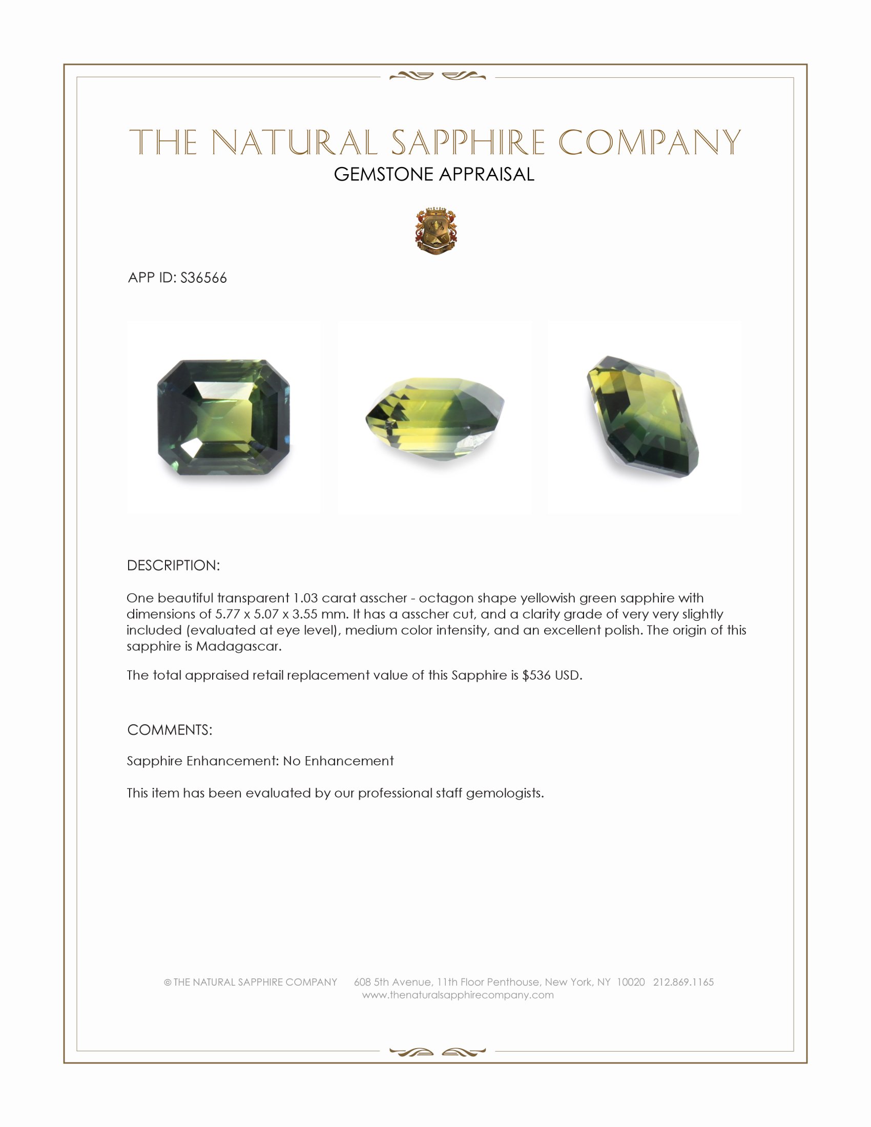 1.03 Ct. Yellowish Green Sapphire from Madagascar