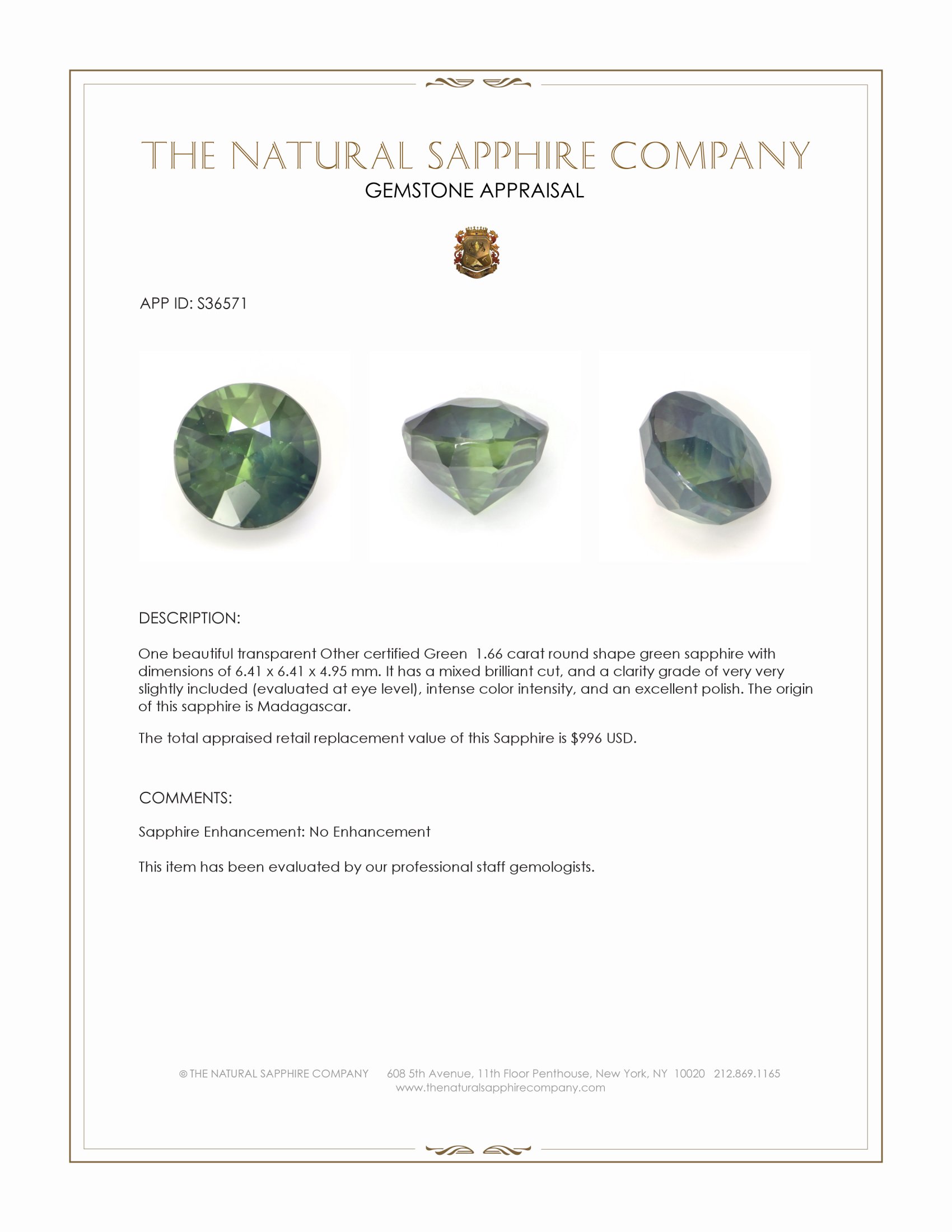 1.66 Ct. Green Sapphire from Madagascar