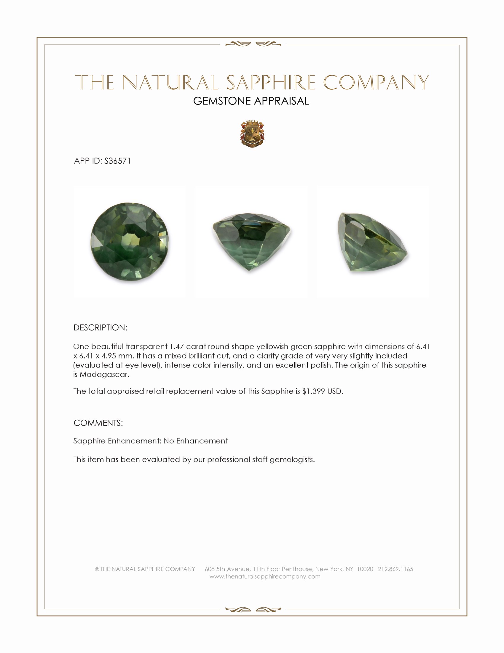 1.47 Ct. Yellowish Green Sapphire from Madagascar