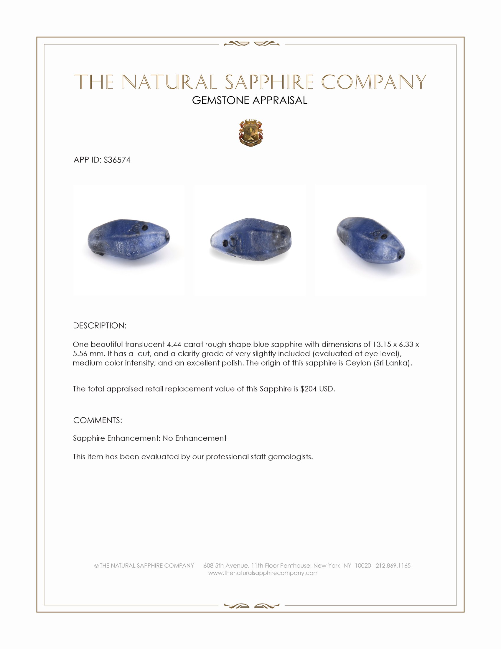 4.44 Ct. Blue Rough Sapphire from Ceylon (Sri Lanka)