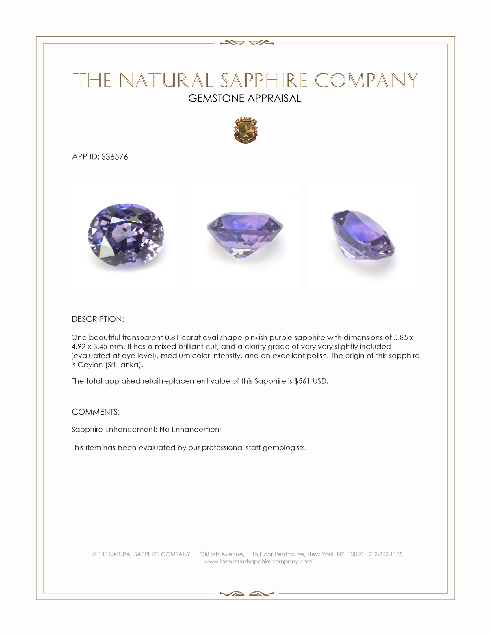 0.81 Ct. Pinkish Purple Sapphire from Ceylon (Sri Lanka)