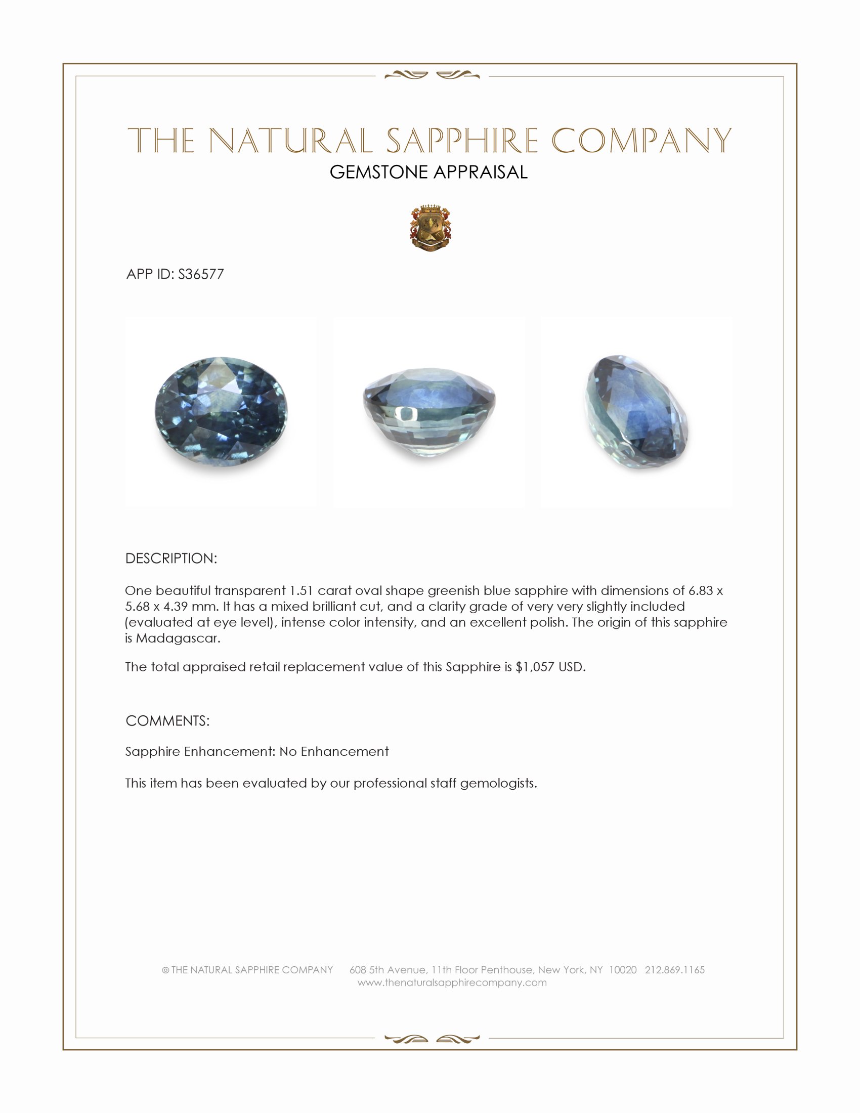 1.51 Ct. Greenish Blue Sapphire from Madagascar