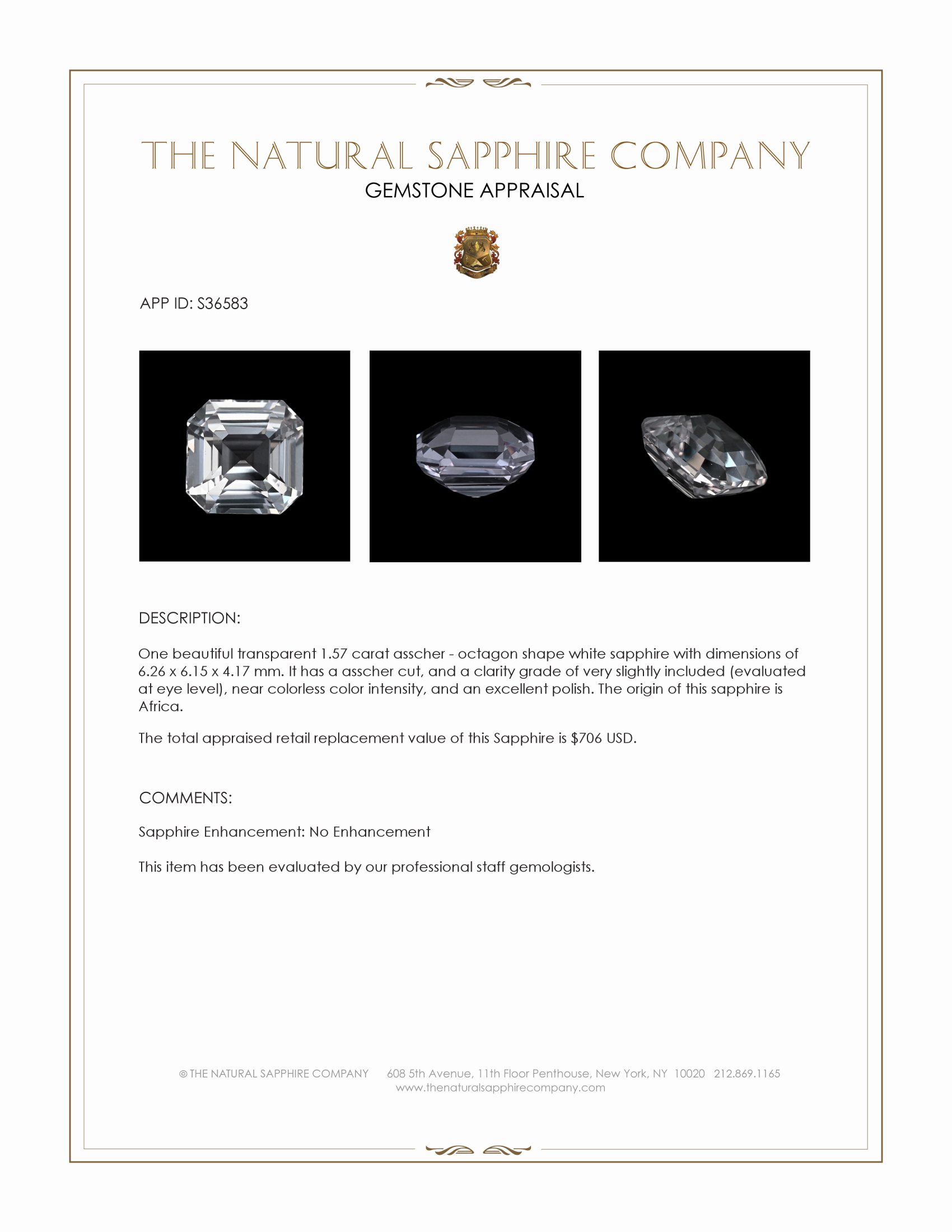 1.57 Ct. White Sapphire from Africa