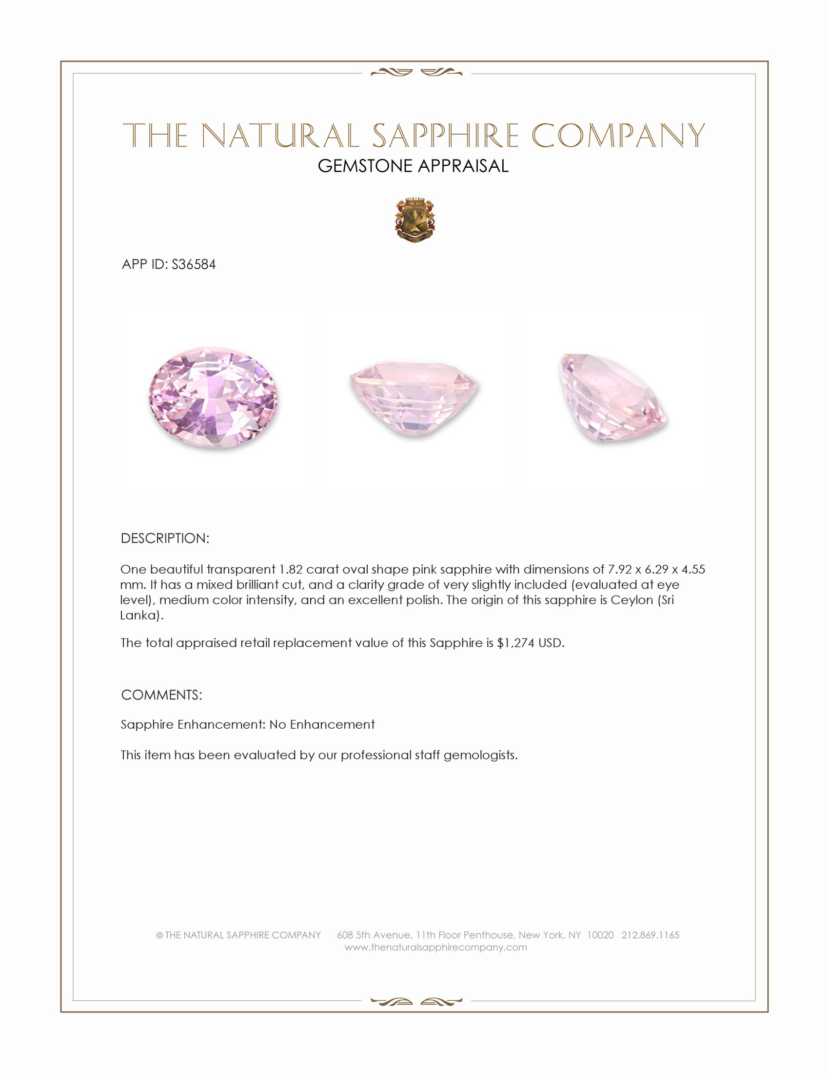 1.82 Ct. Pink Sapphire from Ceylon (Sri Lanka)