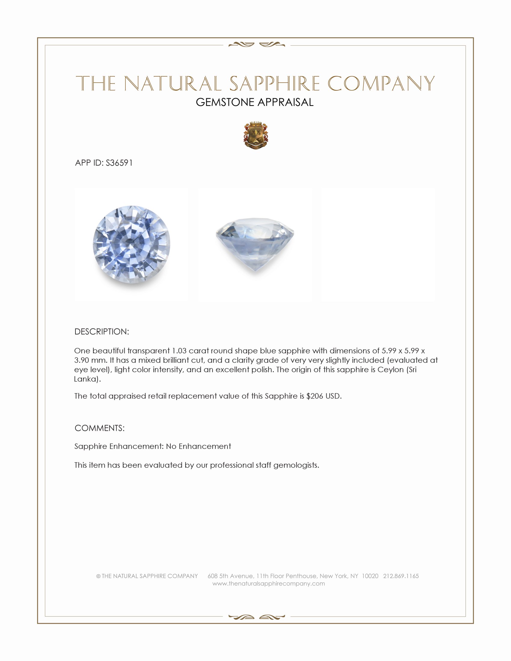 1.03 Ct. Blue Sapphire from Ceylon (Sri Lanka)