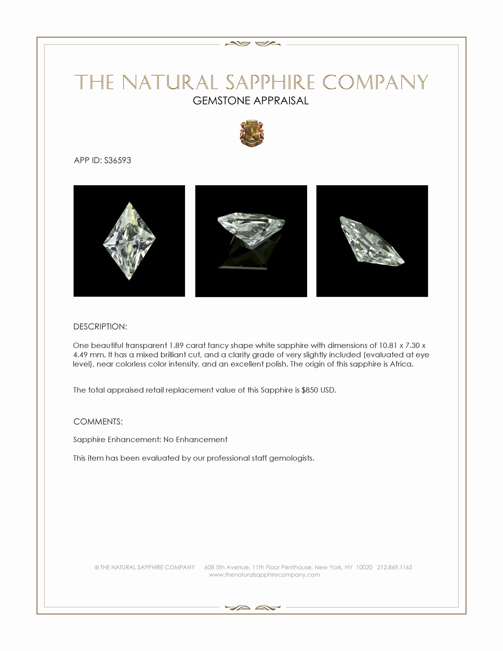 1.89 Ct. White Sapphire from Africa