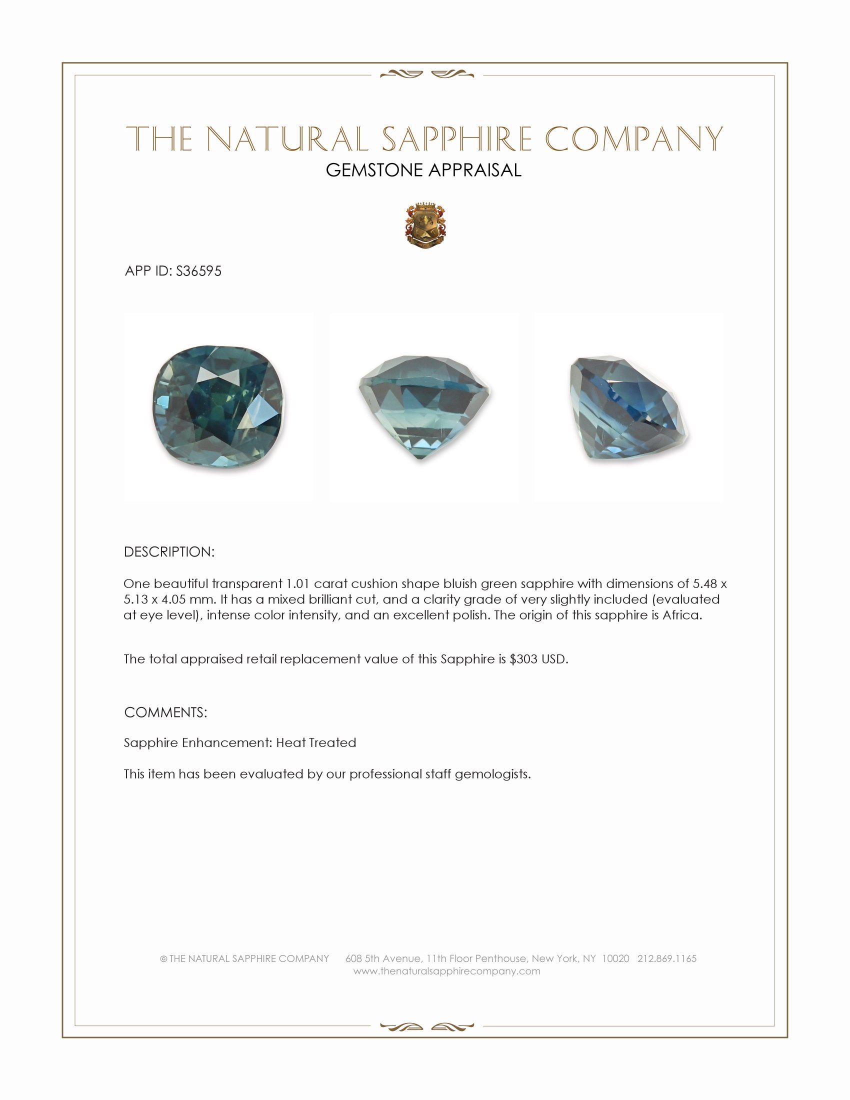 1.01 Ct. Bluish Green Sapphire from Africa