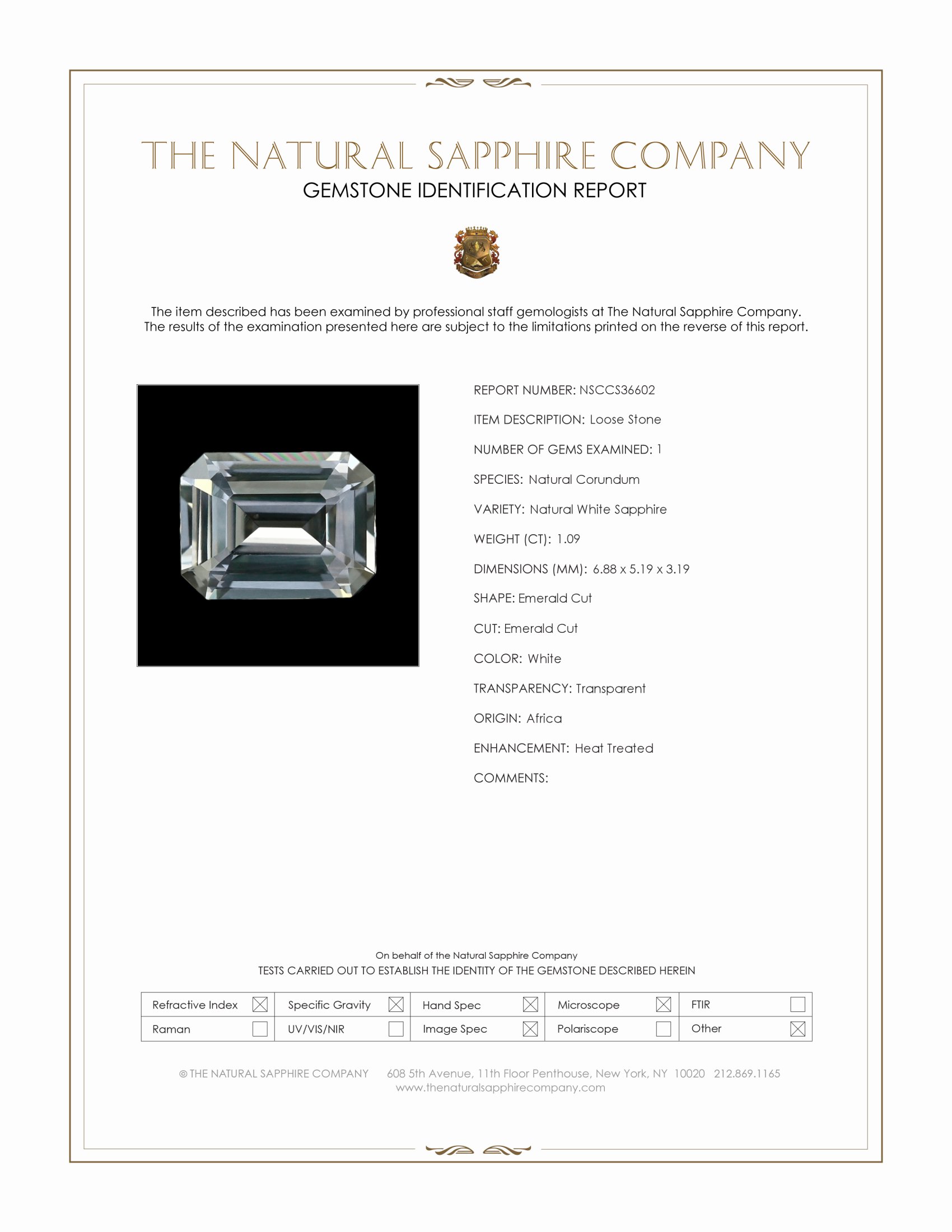 1.09 Ct. White Sapphire from Africa