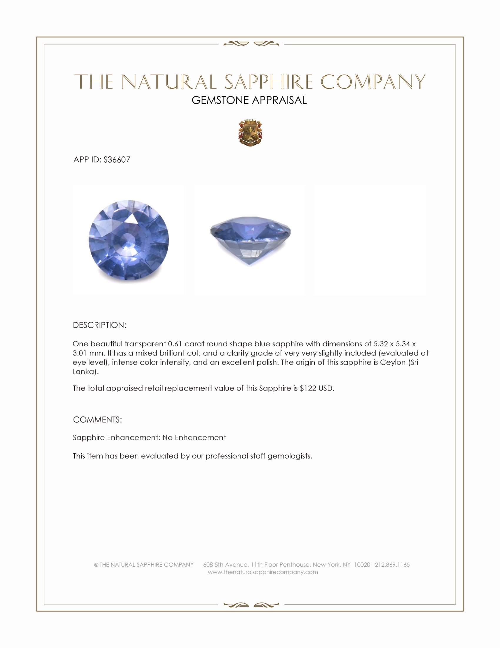 0.61 Ct. Blue Sapphire from Ceylon (Sri Lanka)