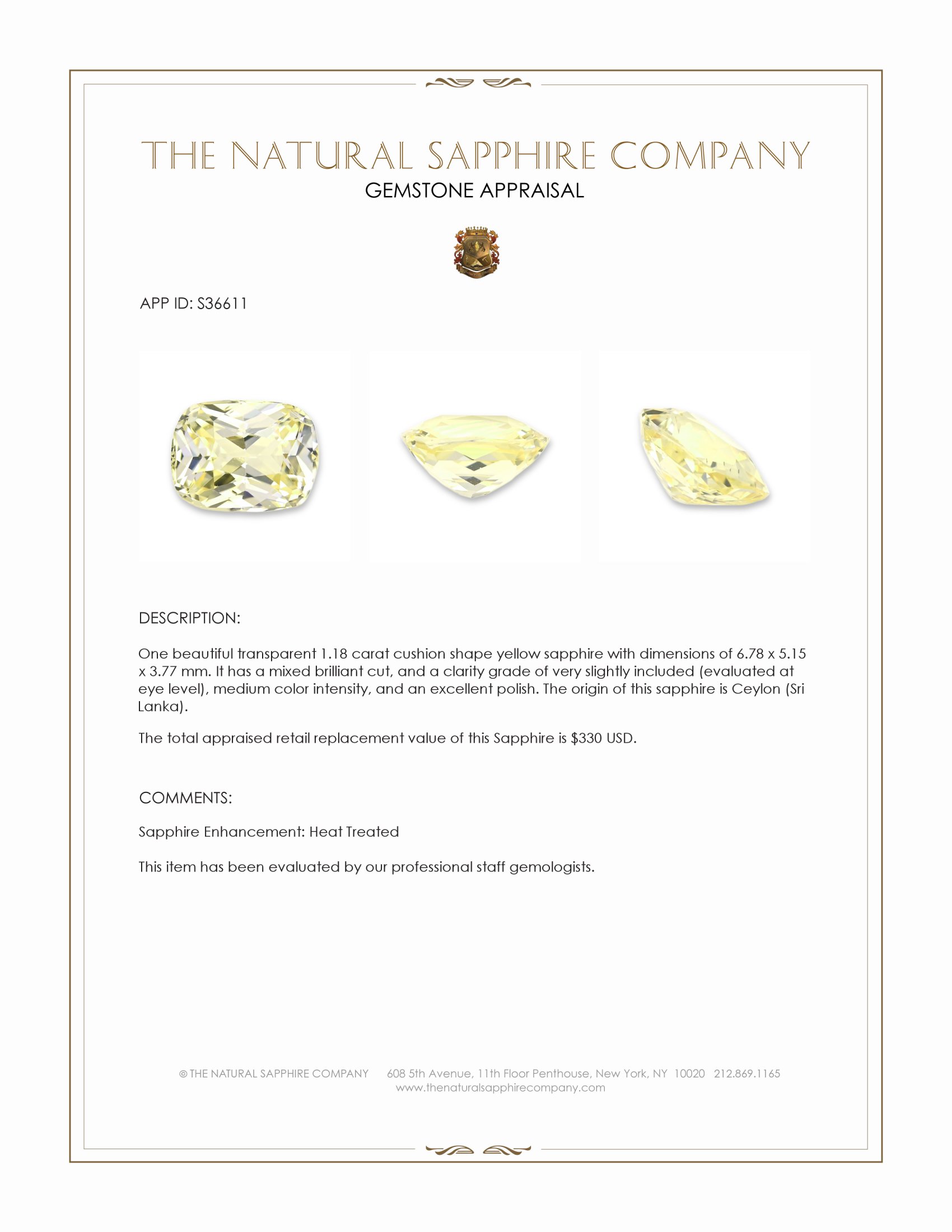 1.18 Ct. Yellow Sapphire from Ceylon (Sri Lanka)