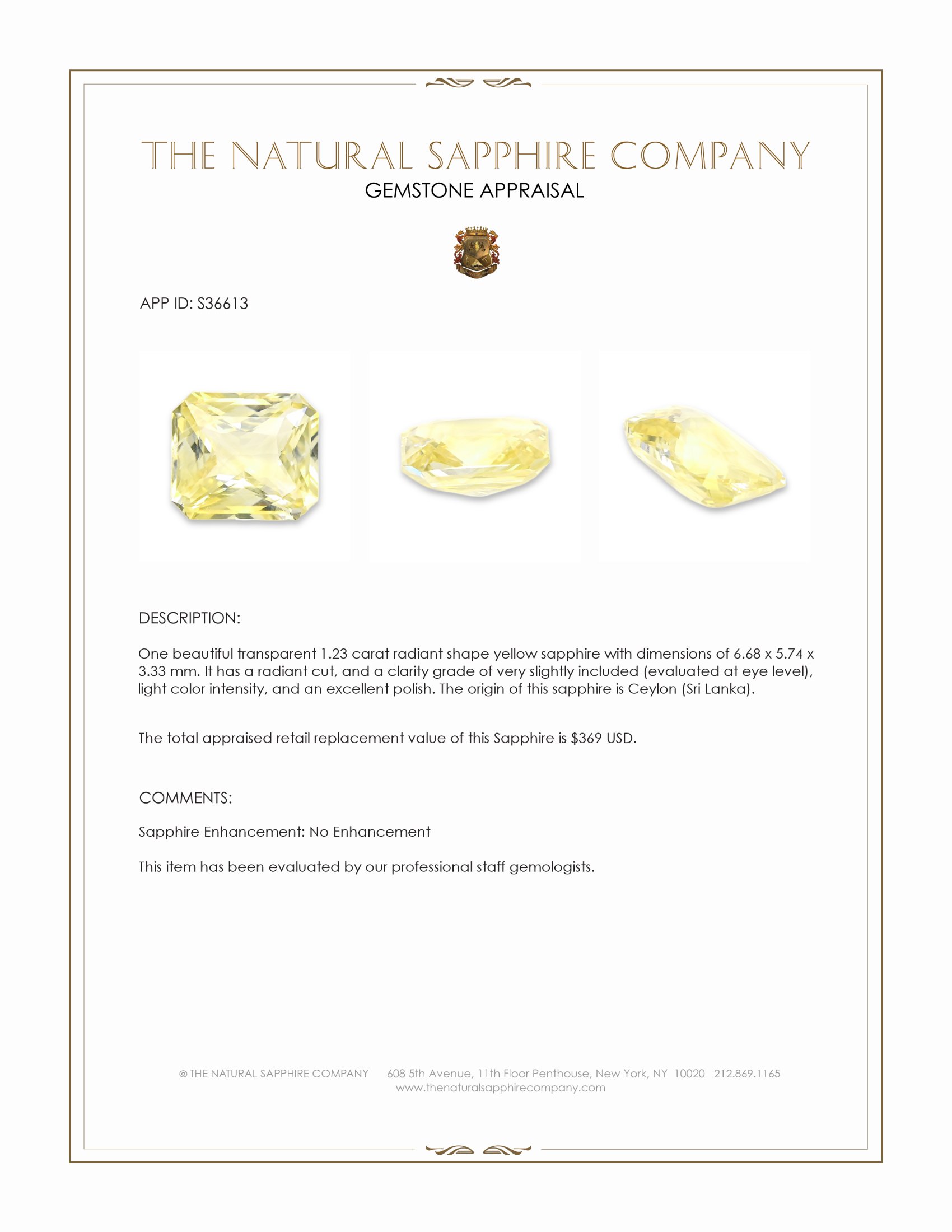 1.23 Ct. Yellow Sapphire from Ceylon (Sri Lanka)
