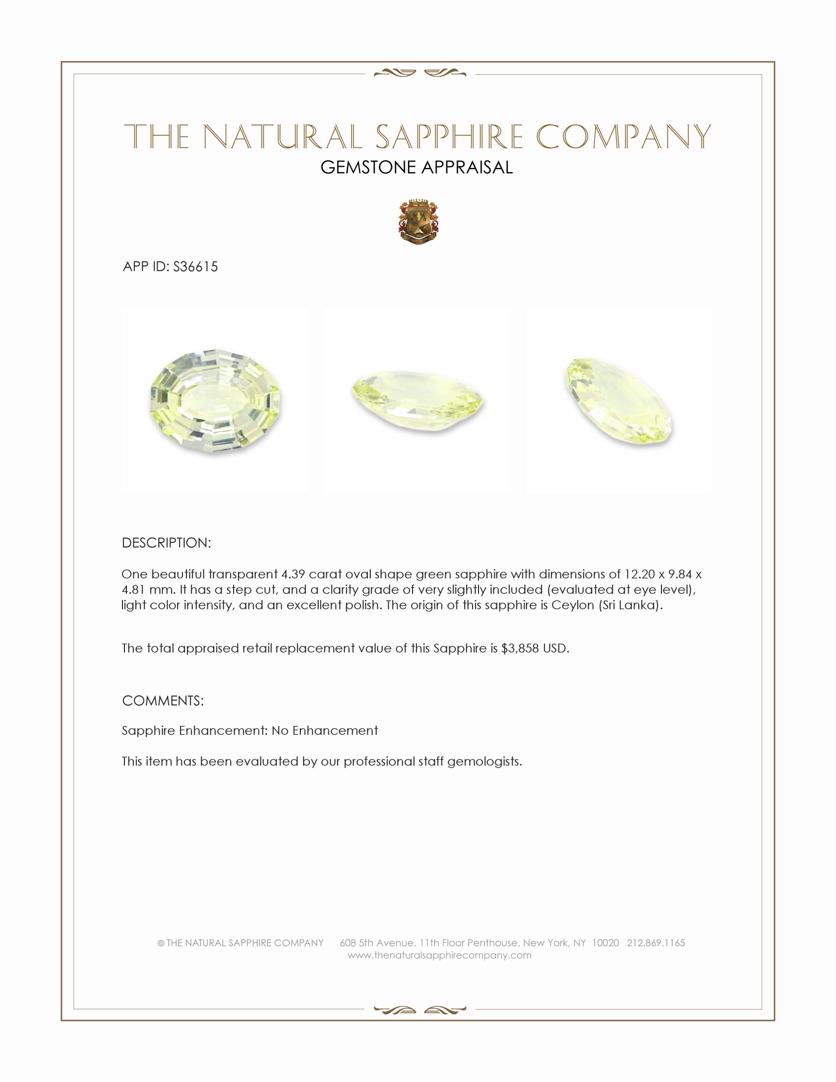 4.39 Ct. Greenish Yellow Sapphire from Ceylon (Sri Lanka)