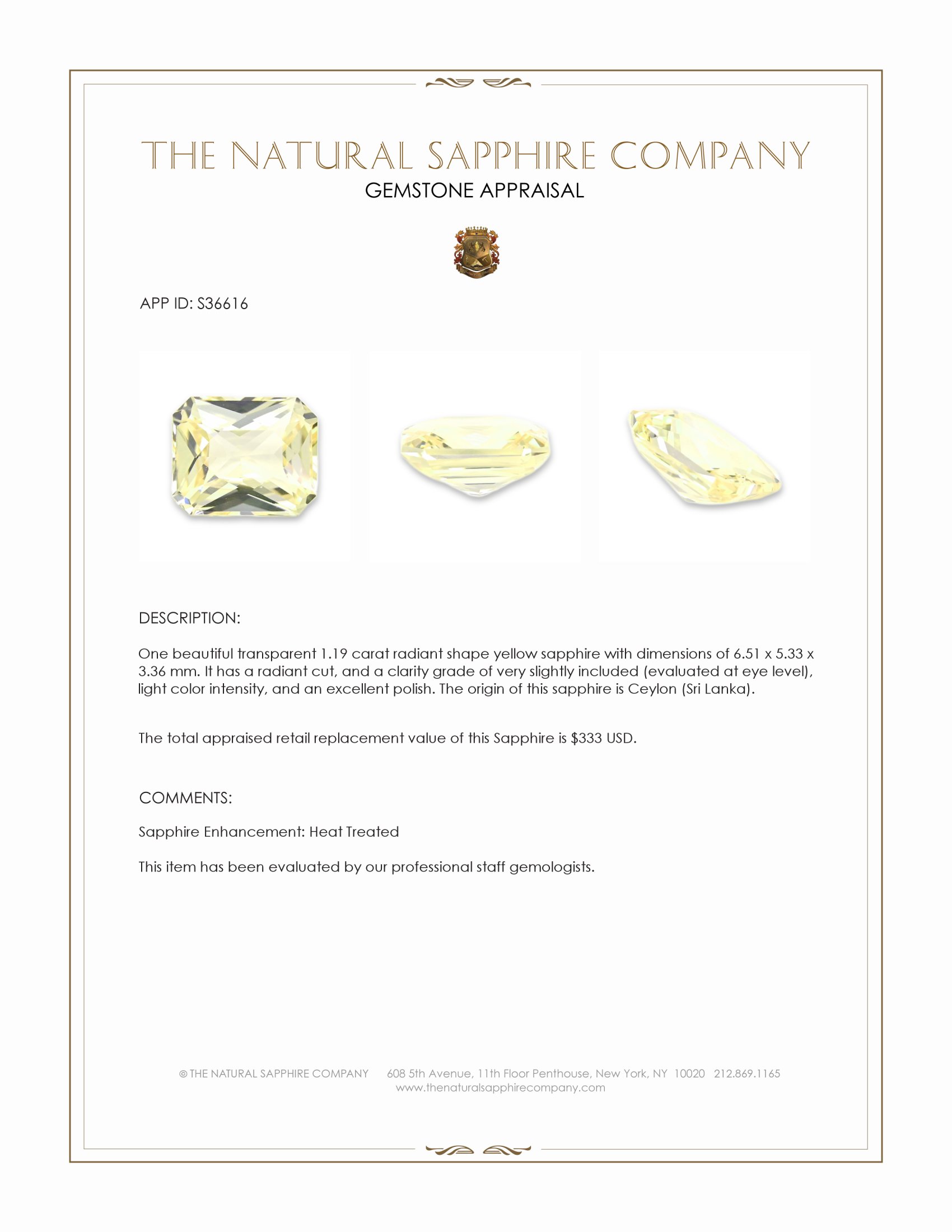 1.19 Ct. Yellow Sapphire from Ceylon (Sri Lanka)