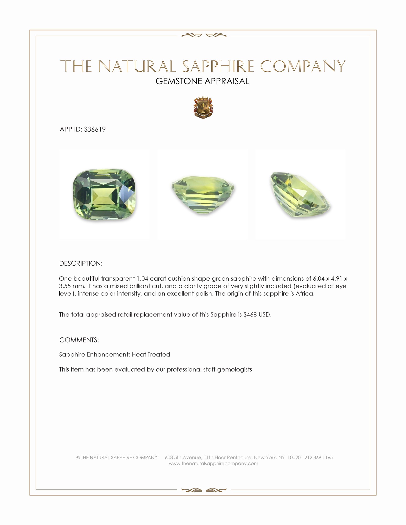 1.04 Ct. Green Sapphire from Africa