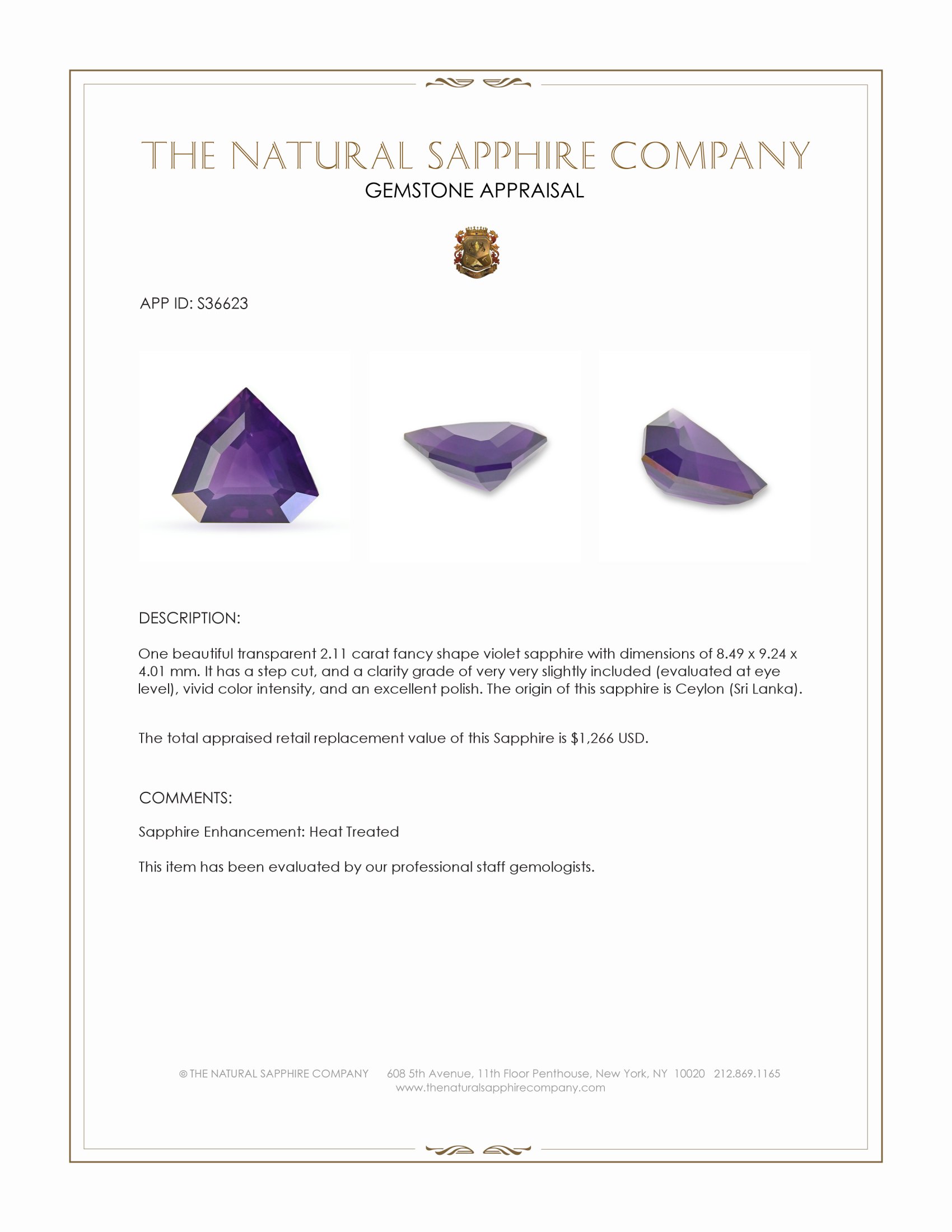 2.11 Ct. Purple Sapphire from Ceylon (Sri Lanka)