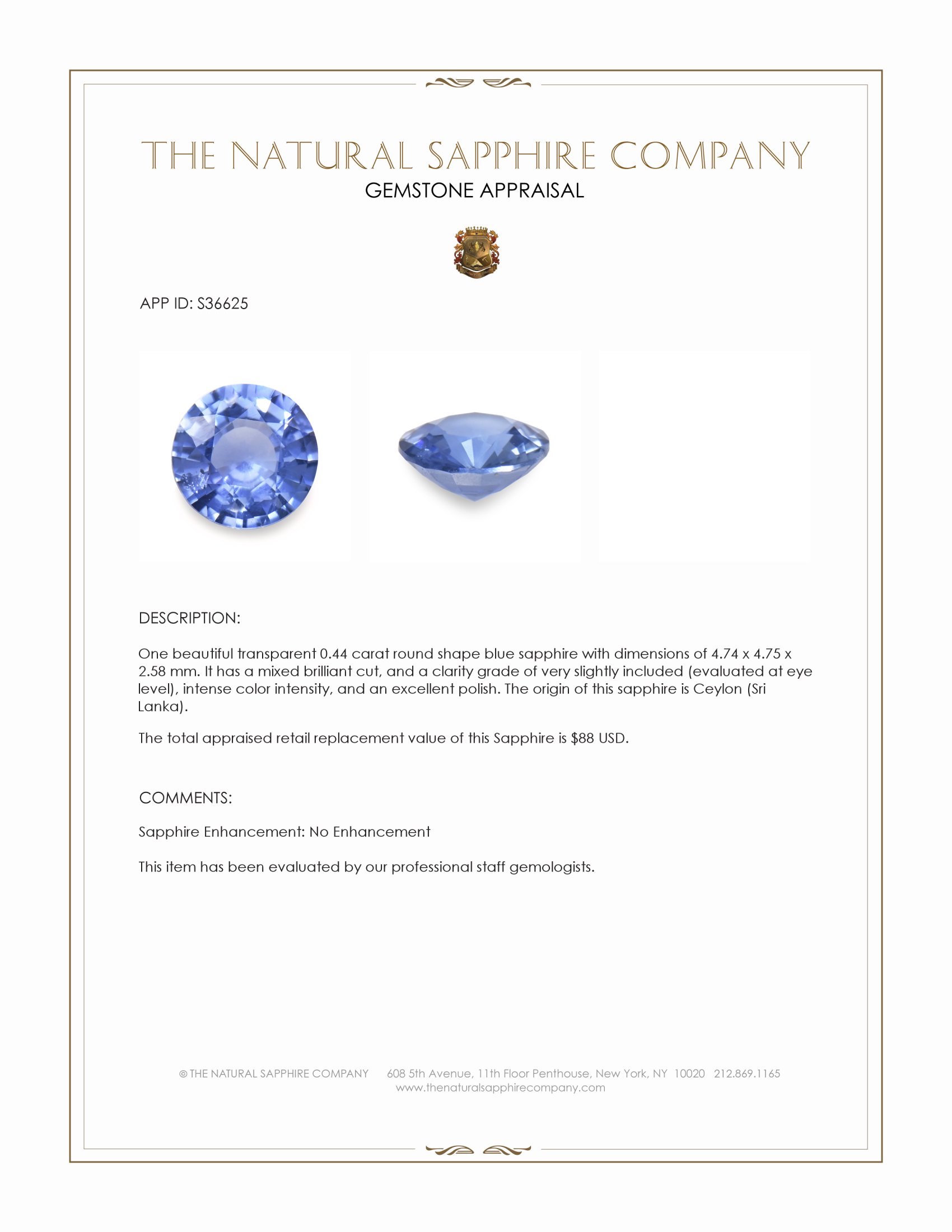 0.44 Ct. Blue Sapphire from Ceylon (Sri Lanka)