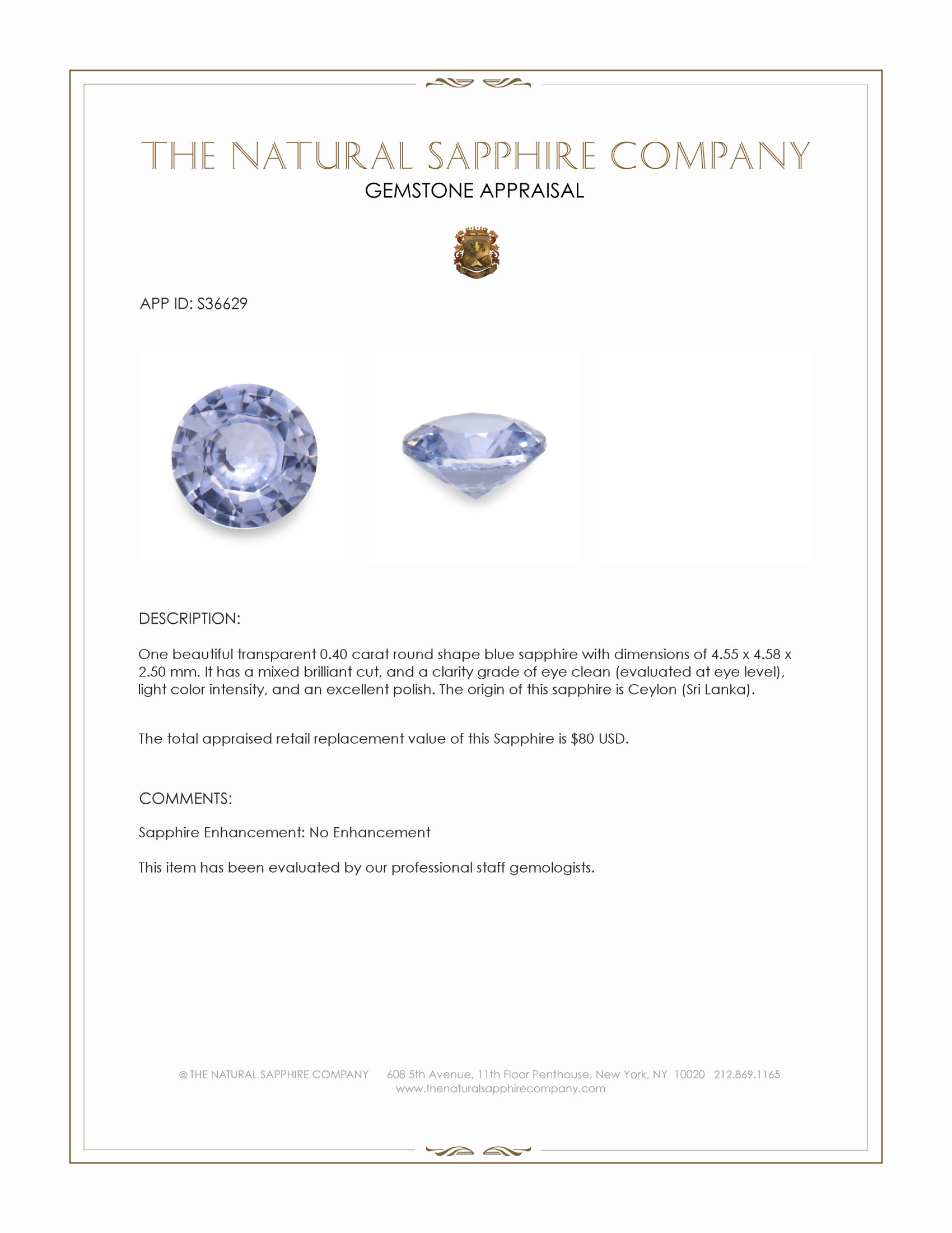 0.40 Ct. Blue Sapphire from Ceylon (Sri Lanka)