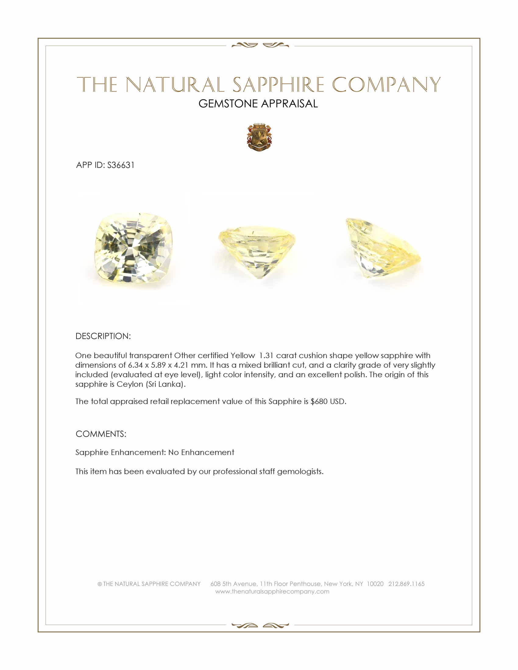 1.31 Ct. Yellow Sapphire from Ceylon (Sri Lanka)
