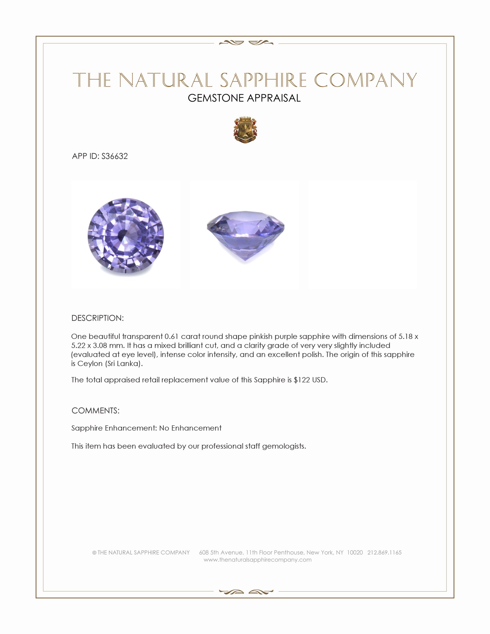 0.61 Ct. Pinkish Purple Sapphire from Ceylon (Sri Lanka)