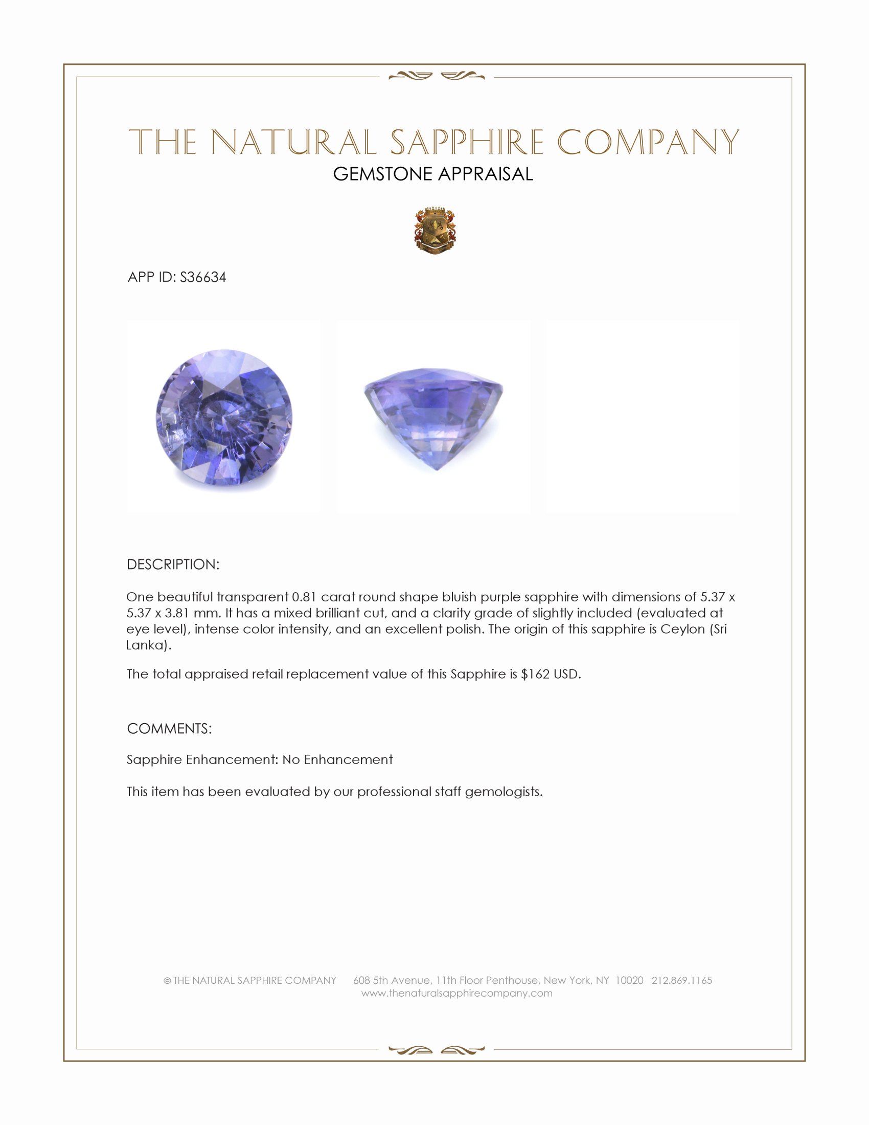 0.81 Ct. Bluish Purple Sapphire from Ceylon (Sri Lanka)