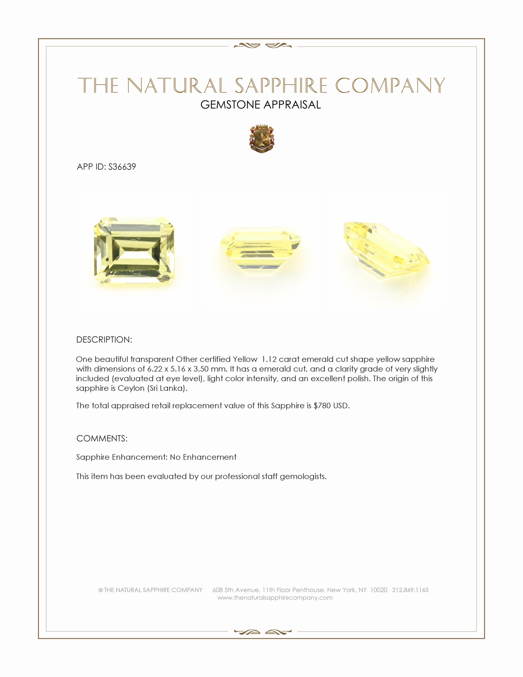 1.12 Ct. Yellow Sapphire from Ceylon (Sri Lanka)