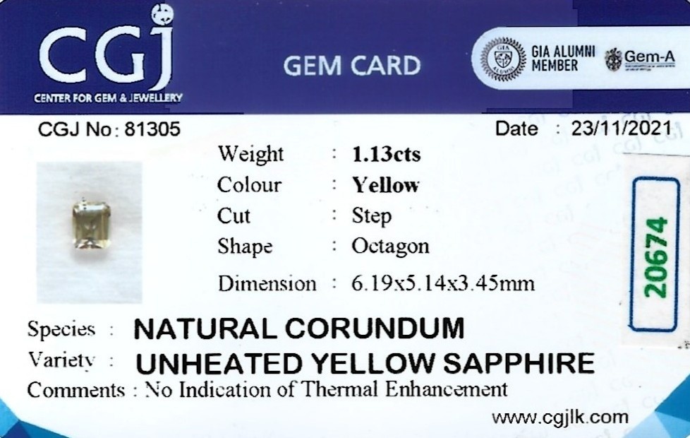 1.12 Ct. Yellow Sapphire from Ceylon (Sri Lanka)