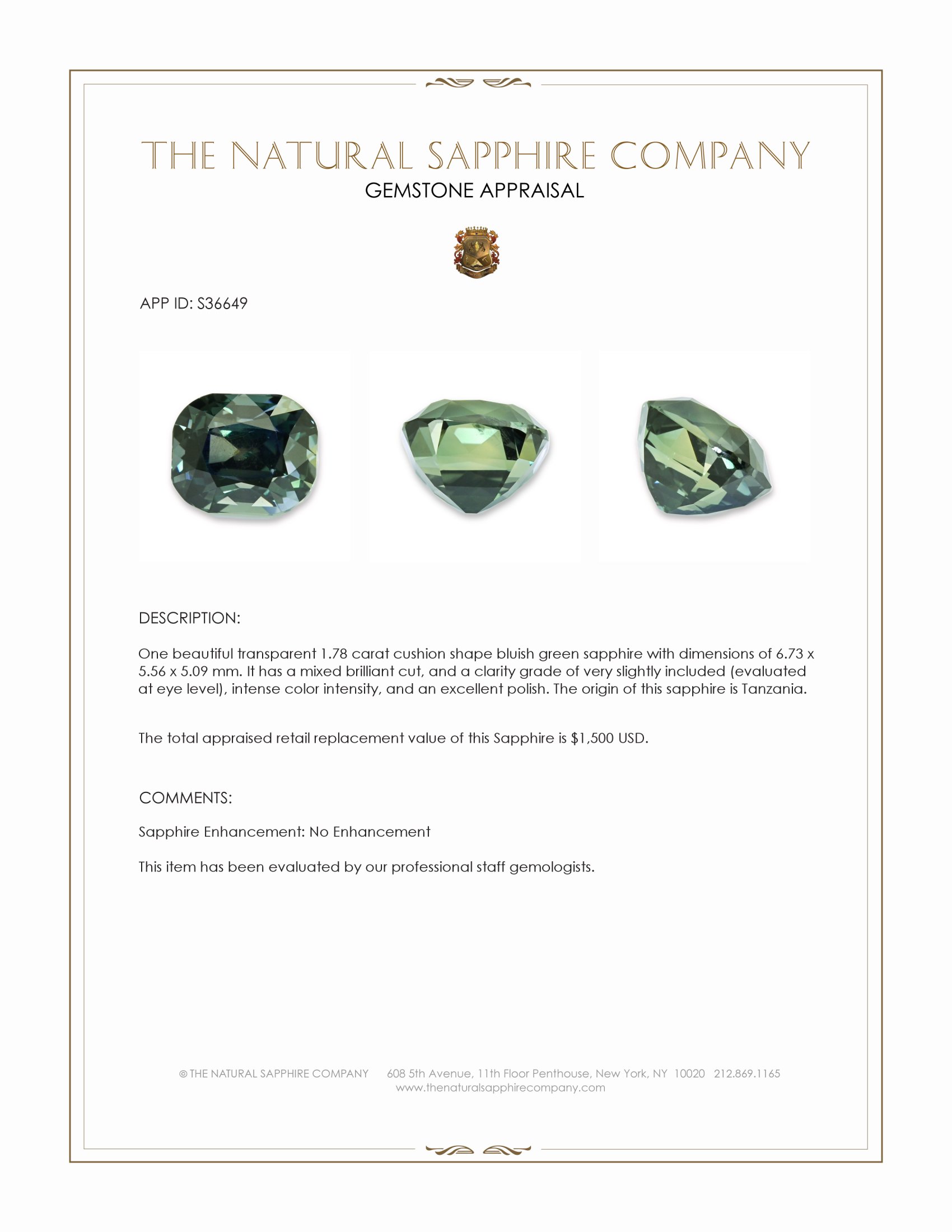 1.78 Ct. Bluish Green Sapphire from Tanzania