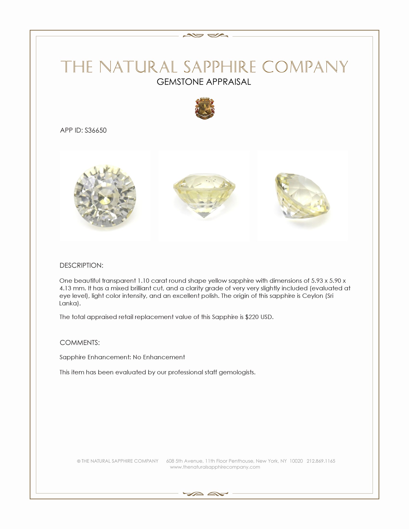 1.10 Ct. Yellow Sapphire from Ceylon (Sri Lanka)